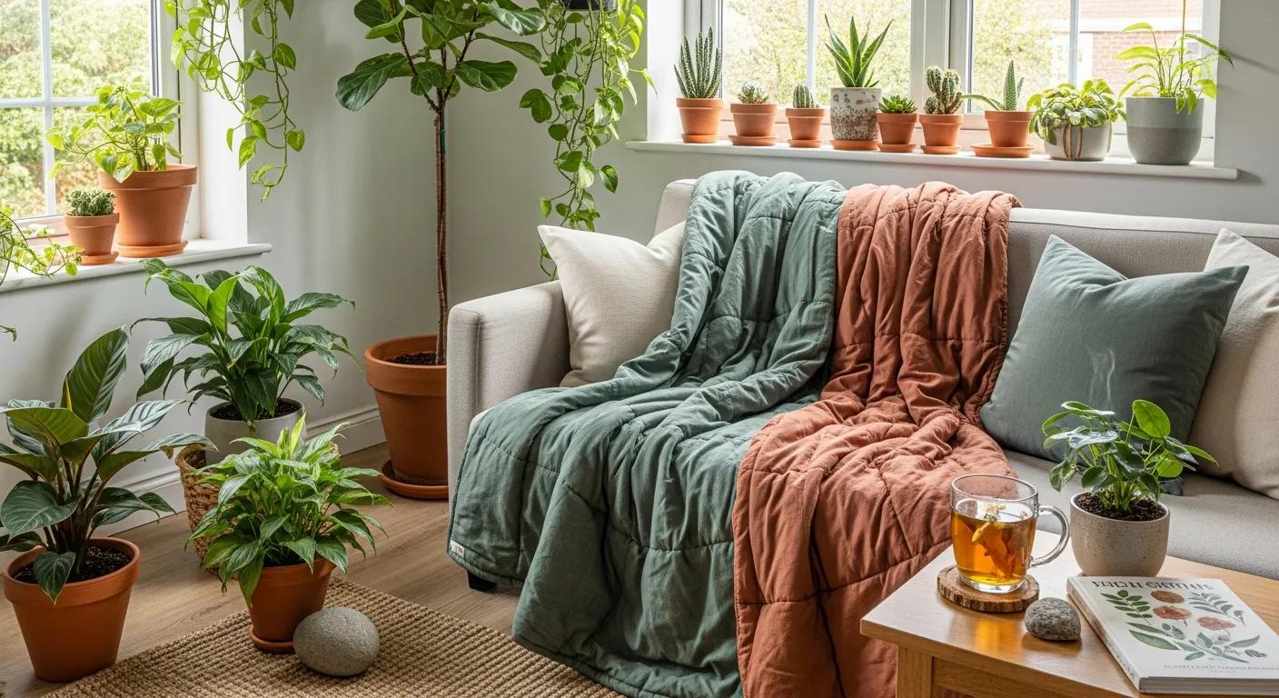 Living room styled with an eco-friendly weighted blanket layered into natural, plant-filled decor