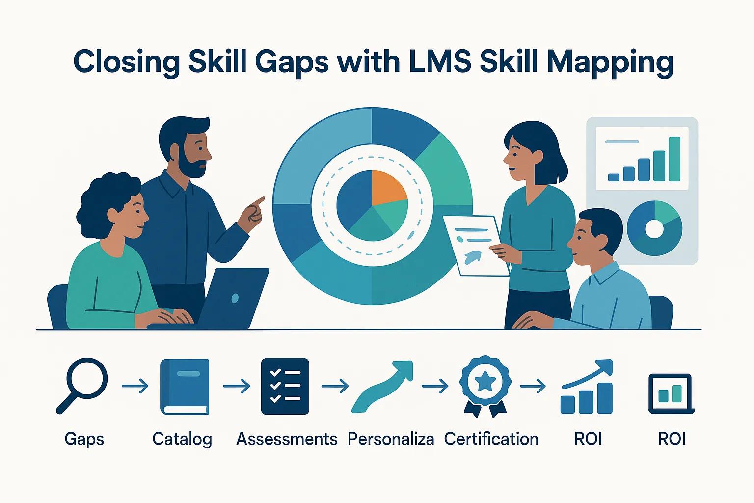 Diverse group of professionals discussing LMS skill mapping strategies, with a pie chart and graphs illustrating skill gaps, assessments, and certification processes, emphasizing personalized learning pathways and workforce development.