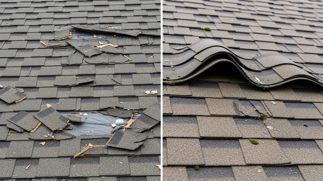 Close-up comparison of storm-damaged roof shingles versus normal roof wear and tear