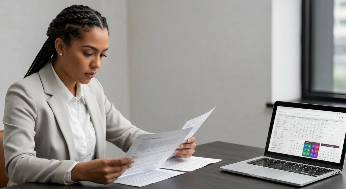 Professional reviewing H-1B application documents with a laptop and calendar
