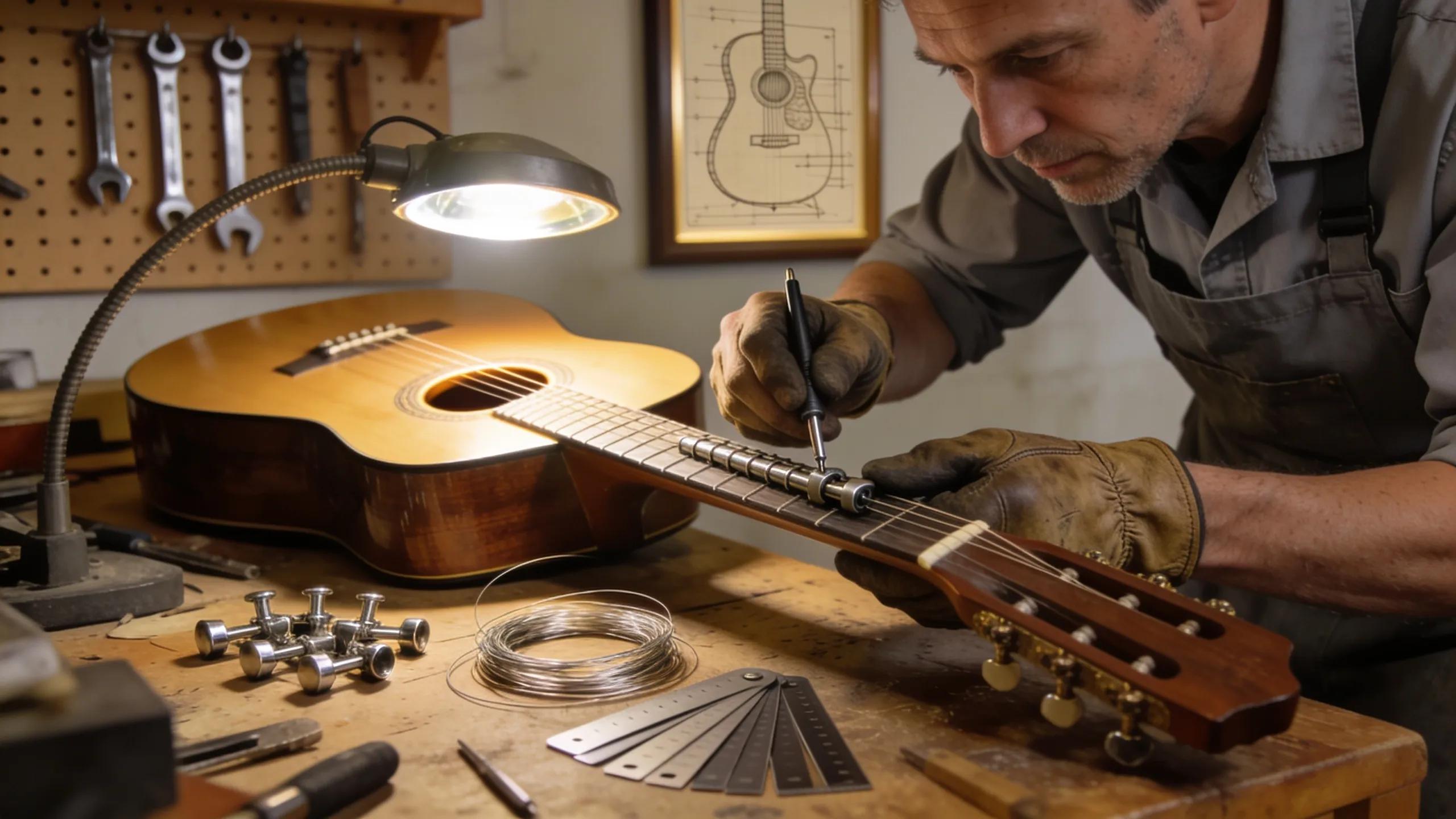 Guitar technician performing setup services on an acoustic guitar