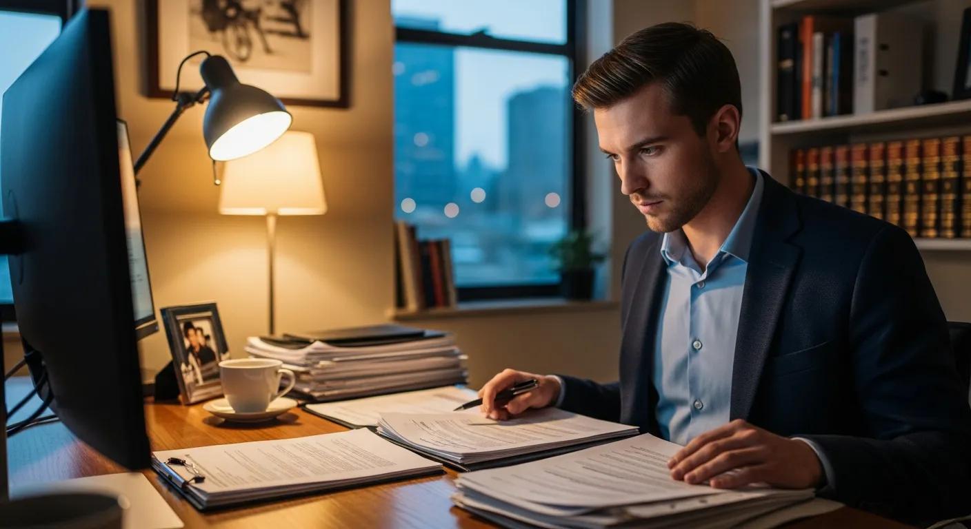 Bank compliance officer analyzing regulatory documents in a cozy office