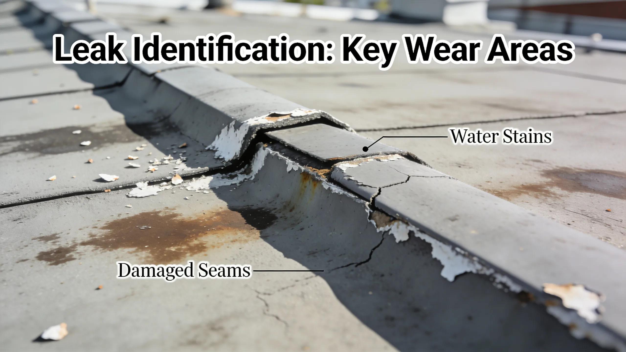 Close-up view of a commercial roof showing signs of leaks and damage