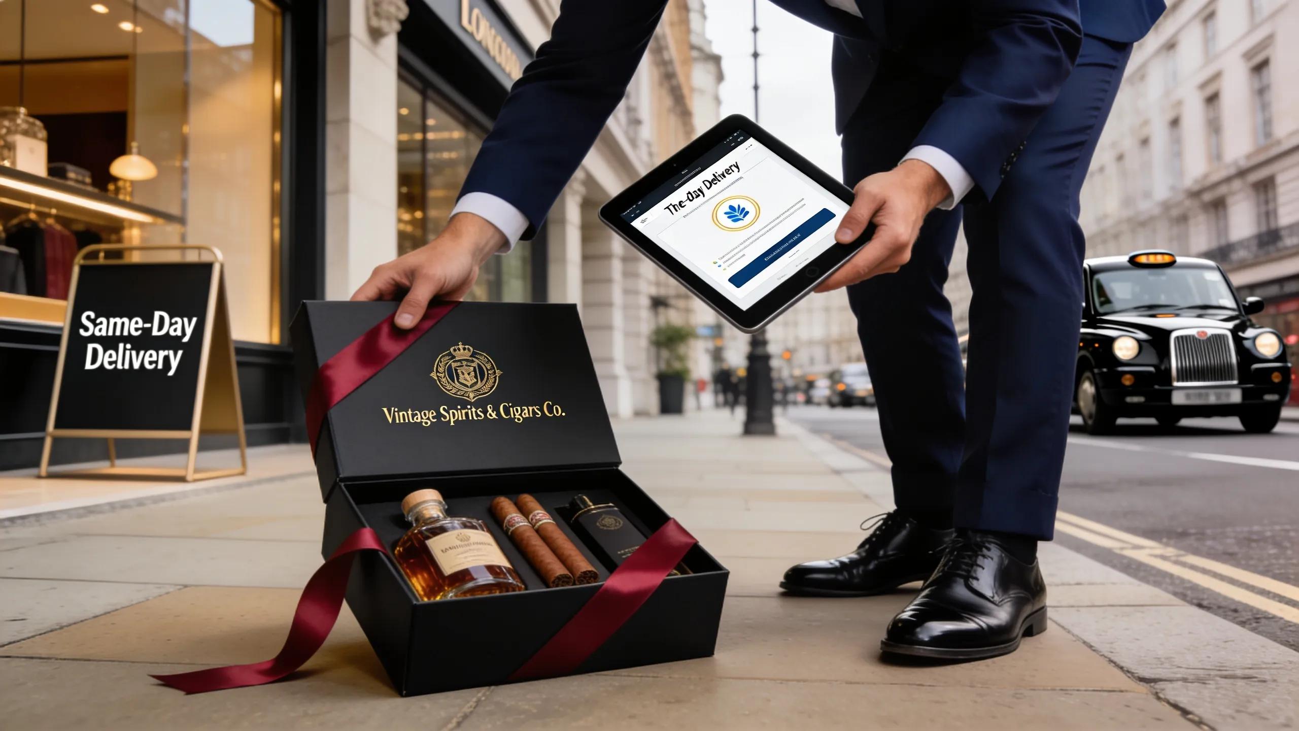 Luxury whiskey and cigar gift set ready for same-day delivery, emphasizing prompt service in an upscale London setting