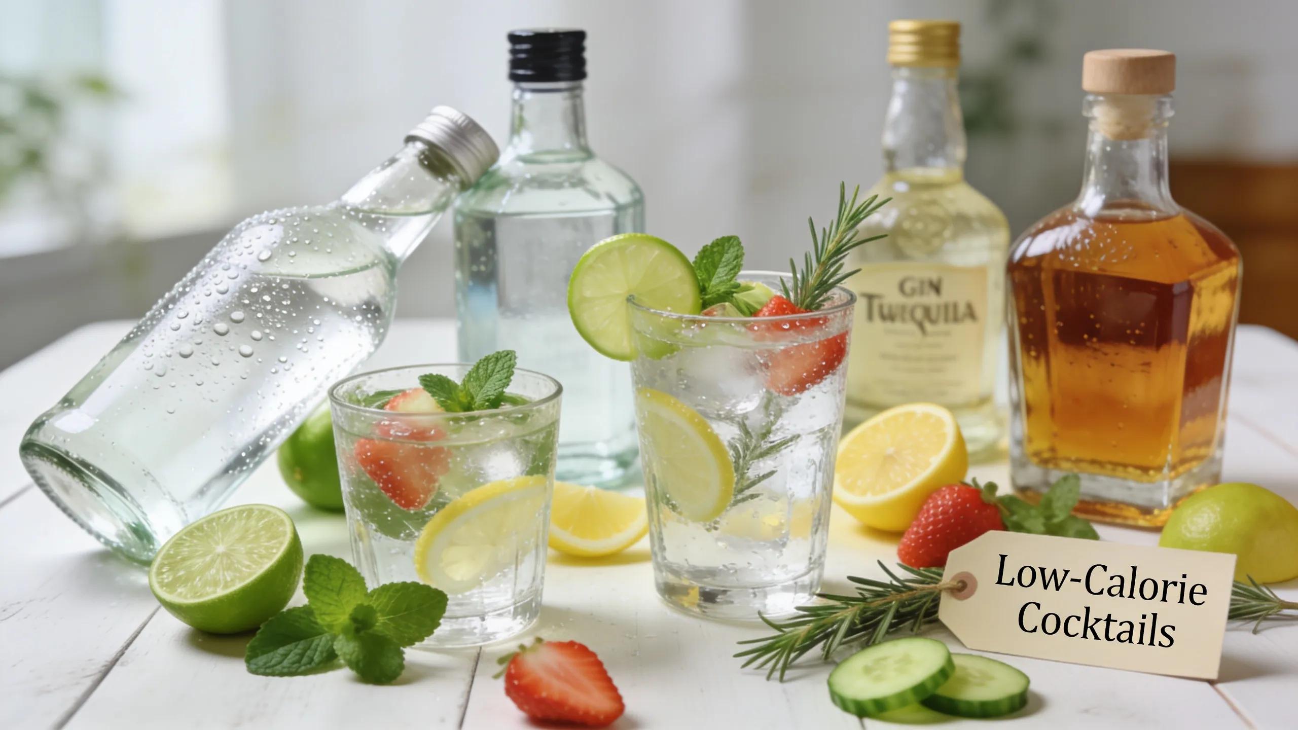 A selection of clear spirits ideal for low-calorie cocktails surrounded by fresh ingredients