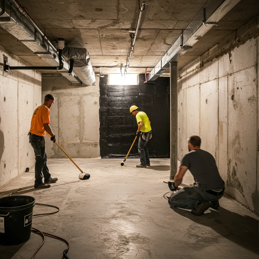 Workers applying waterproof membranes during exterior waterproofing