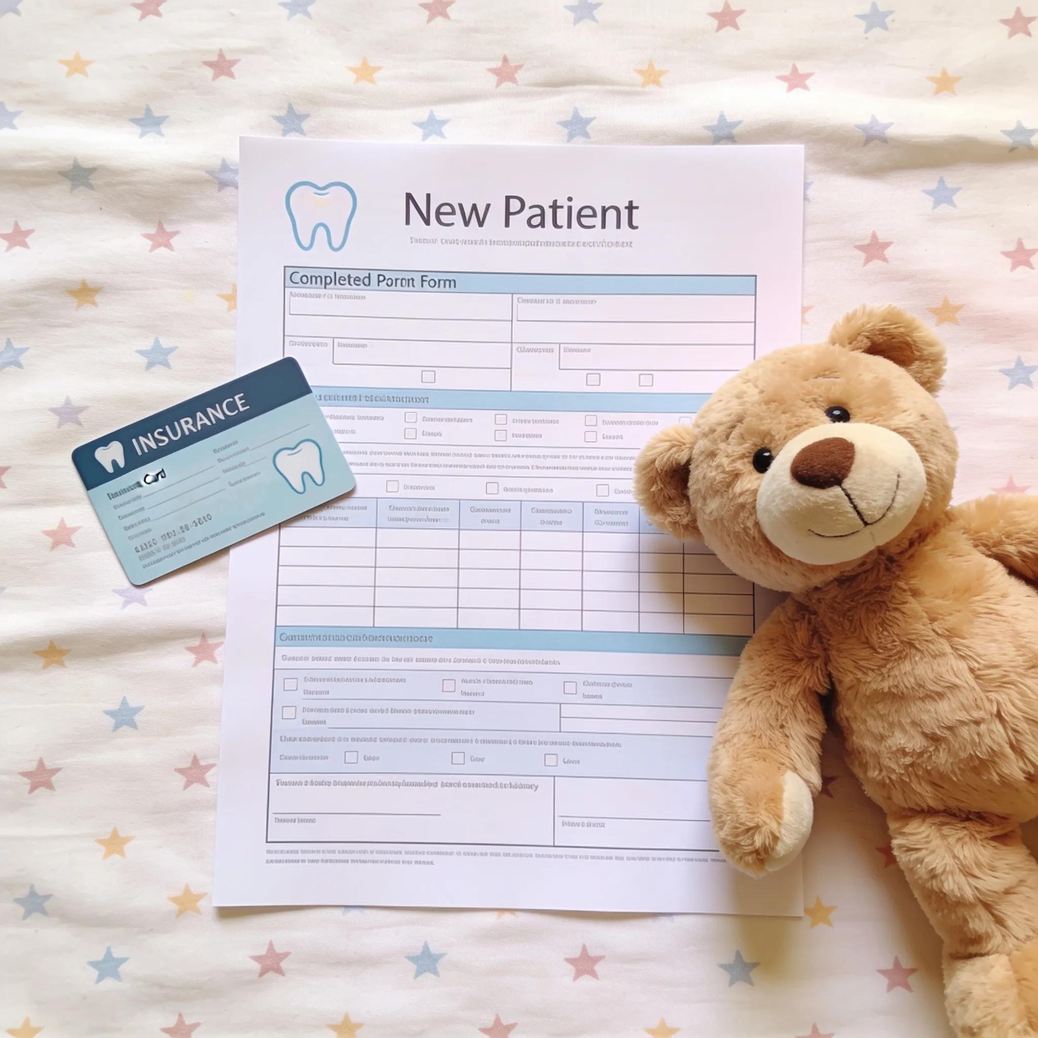 Essential items for a child's first dental appointment displayed attractively, highlighting preparation and comfort for the visit.