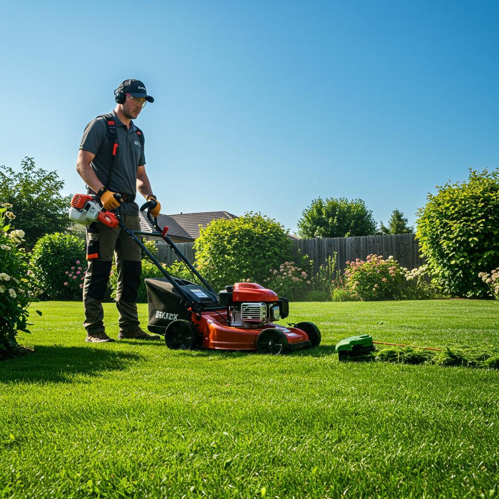 Professional applying fertilizer and aerating a lawn, illustrating essential seasonal tasks for lawn care