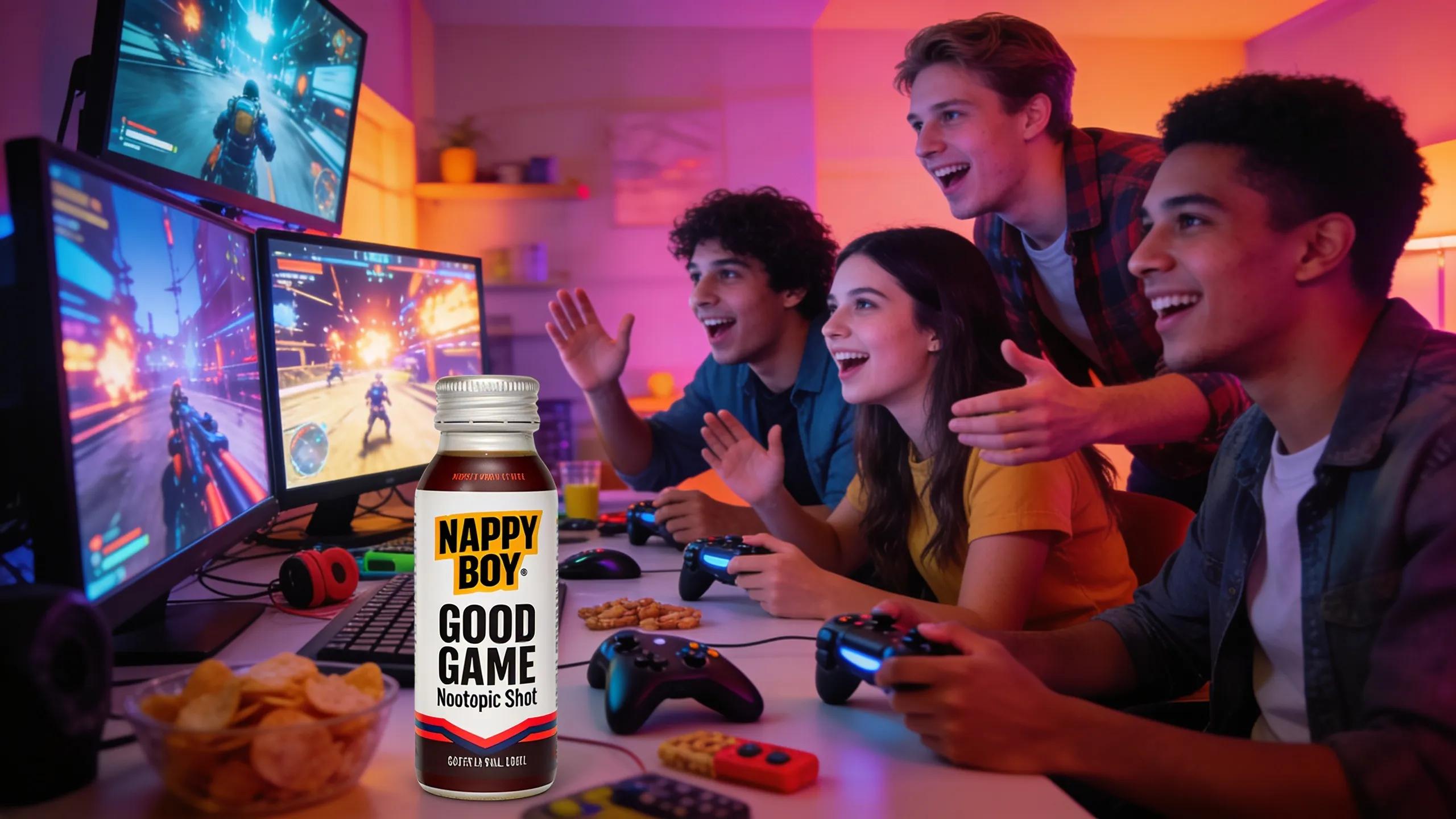 Friends enjoying a gaming session together with Nappy Boy Good Game Nootropic Shots, emphasizing social gaming benefits.