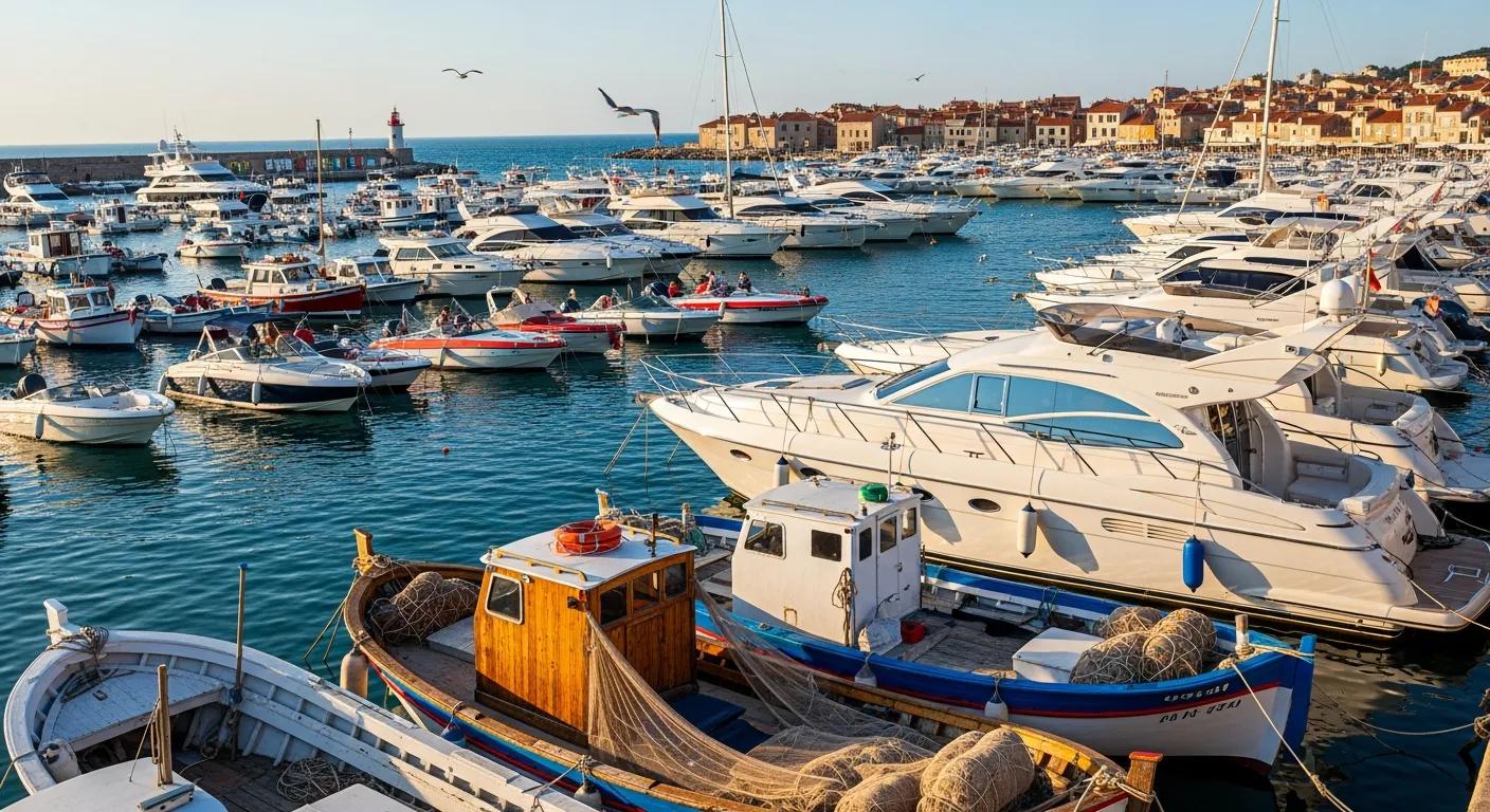 Diverse range of boats including fishing boats, yachts, and powerboats in a harbor