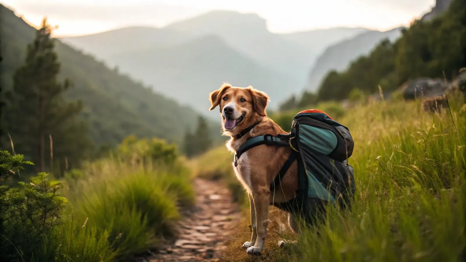 Dog in a carrier backpack on a hiking trail, showcasing comfort and adventure