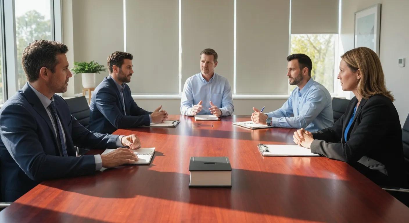 Mediation room with parties discussing boundary disputes, illustrating the mediation process in property conflicts Mediation room with parties discussing boundary disputes, illustrating the mediation process in property conflicts