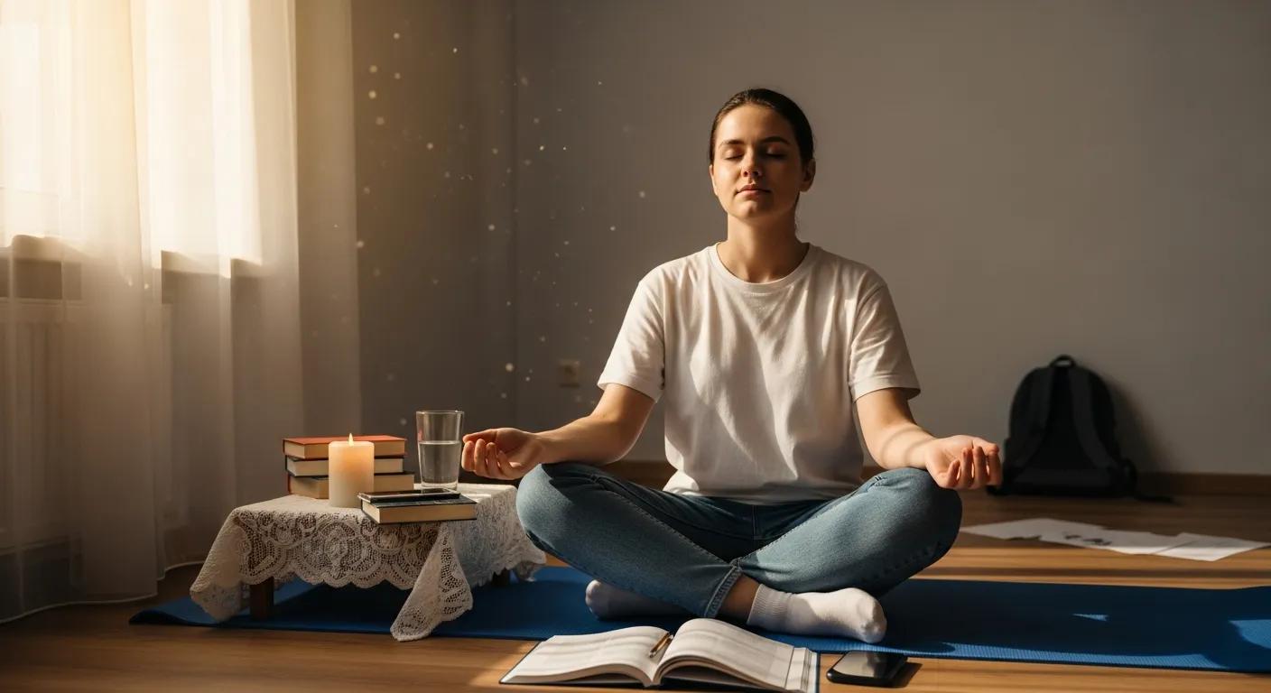 Woman meditating on yoga mat in a serene room, surrounded by books and a candle, illustrating stress management techniques.
