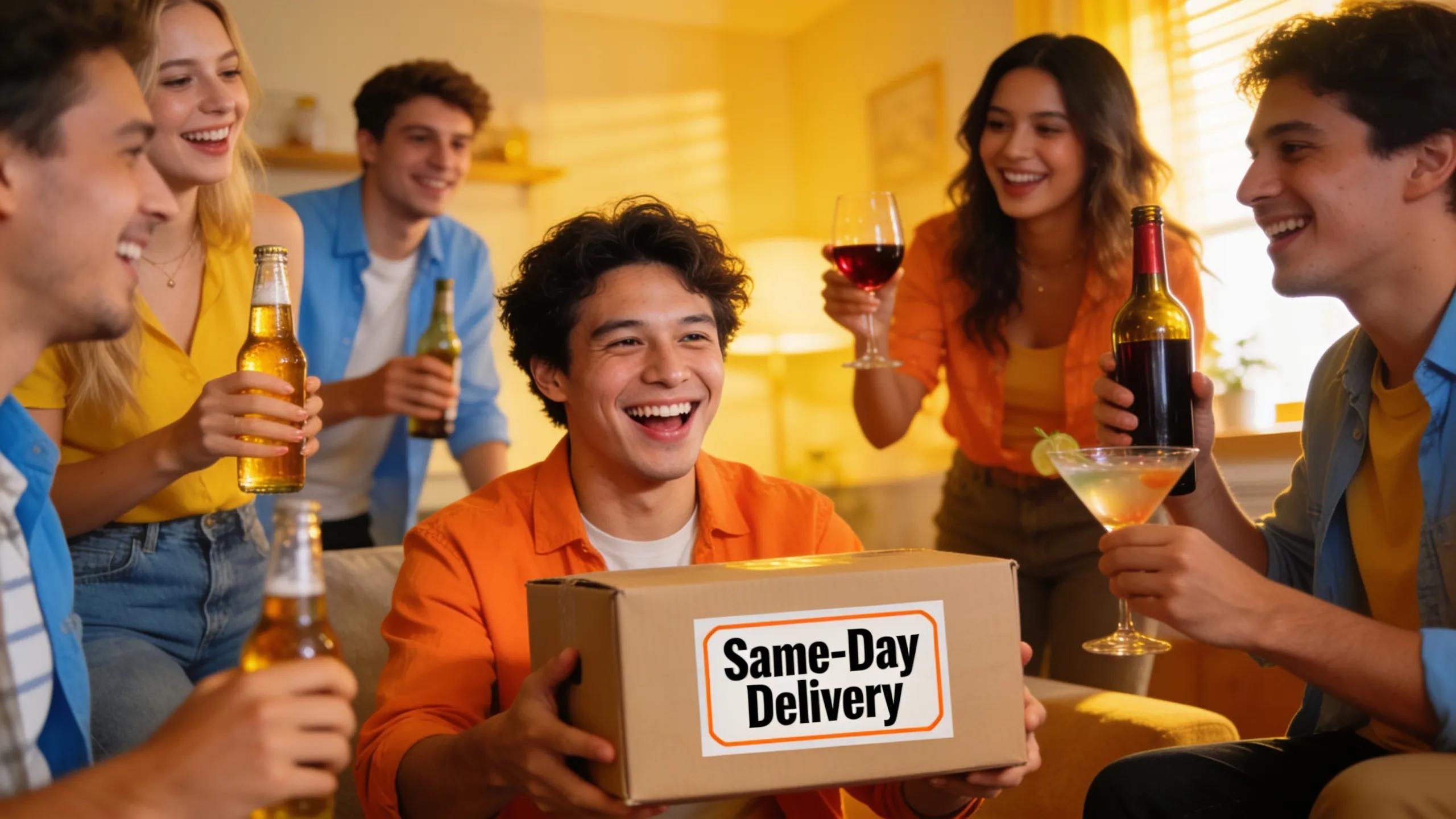 Person receiving same-day alcohol delivery at home, highlighting the convenience of alcohol services