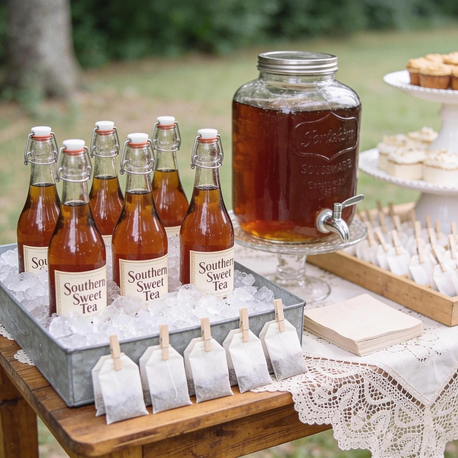 Bottles of Southern Sweet Tea in a metal tray with ice