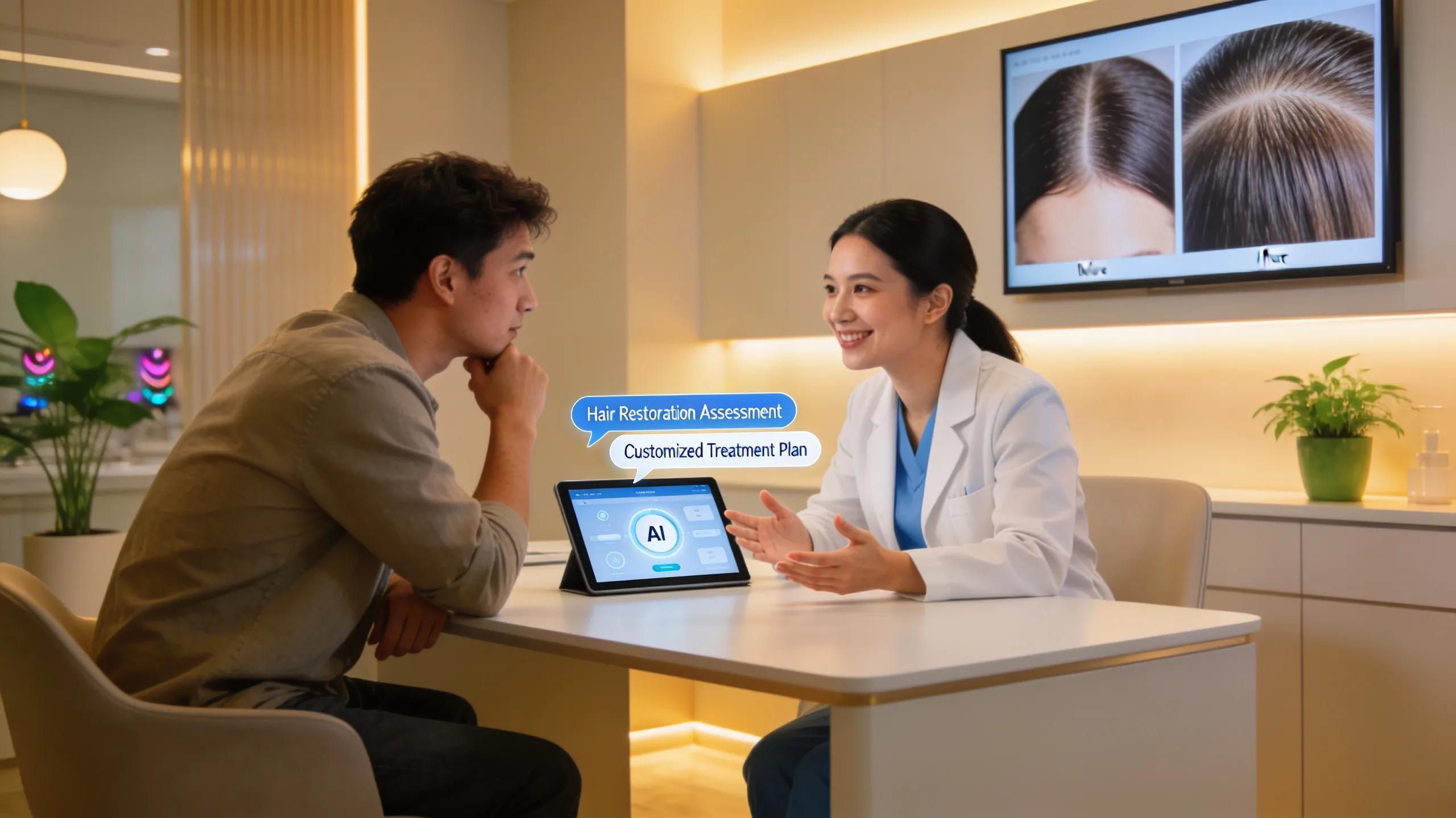Hair restoration clinic consultation with AI-powered assessment and treatment plan on tablet display.