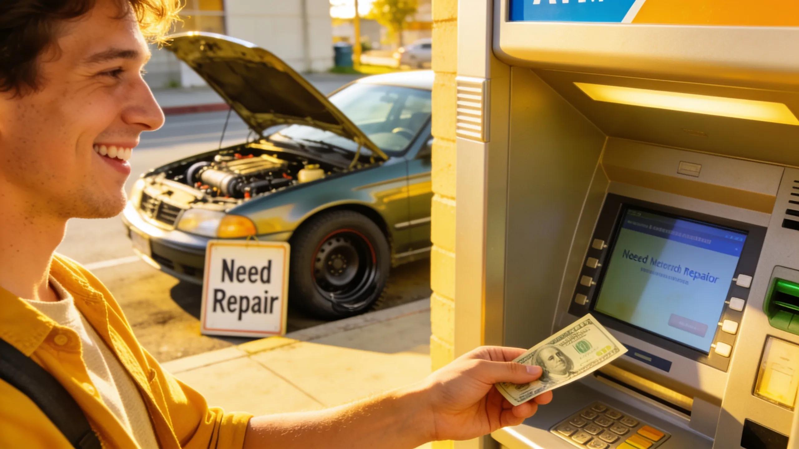 Person withdrawing cash from an ATM with a car in the background, illustrating the urgency of financial assistance for car repairs