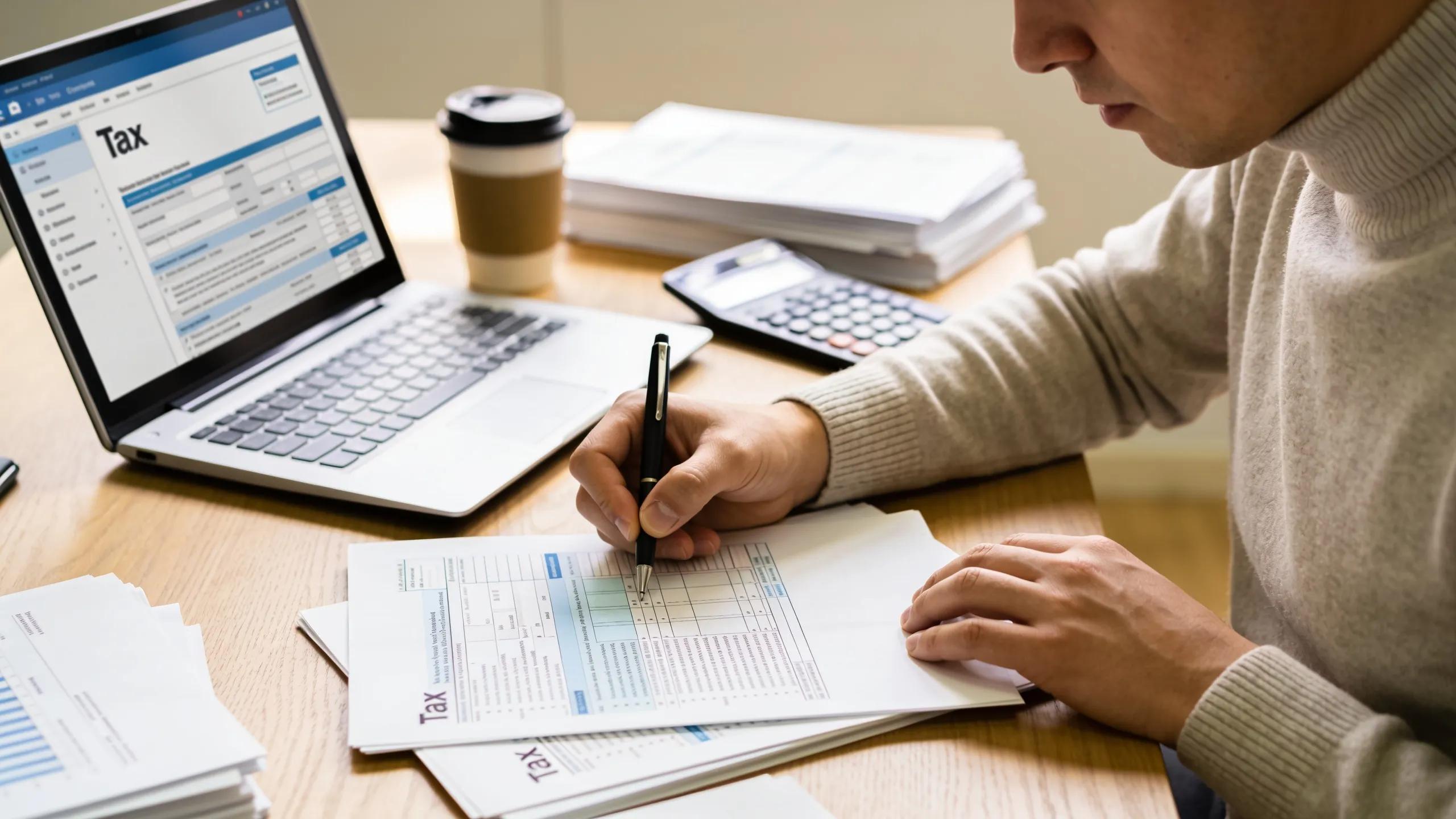 Person filling out tax forms at a desk, illustrating the Modelo 210 filing process for non-residents