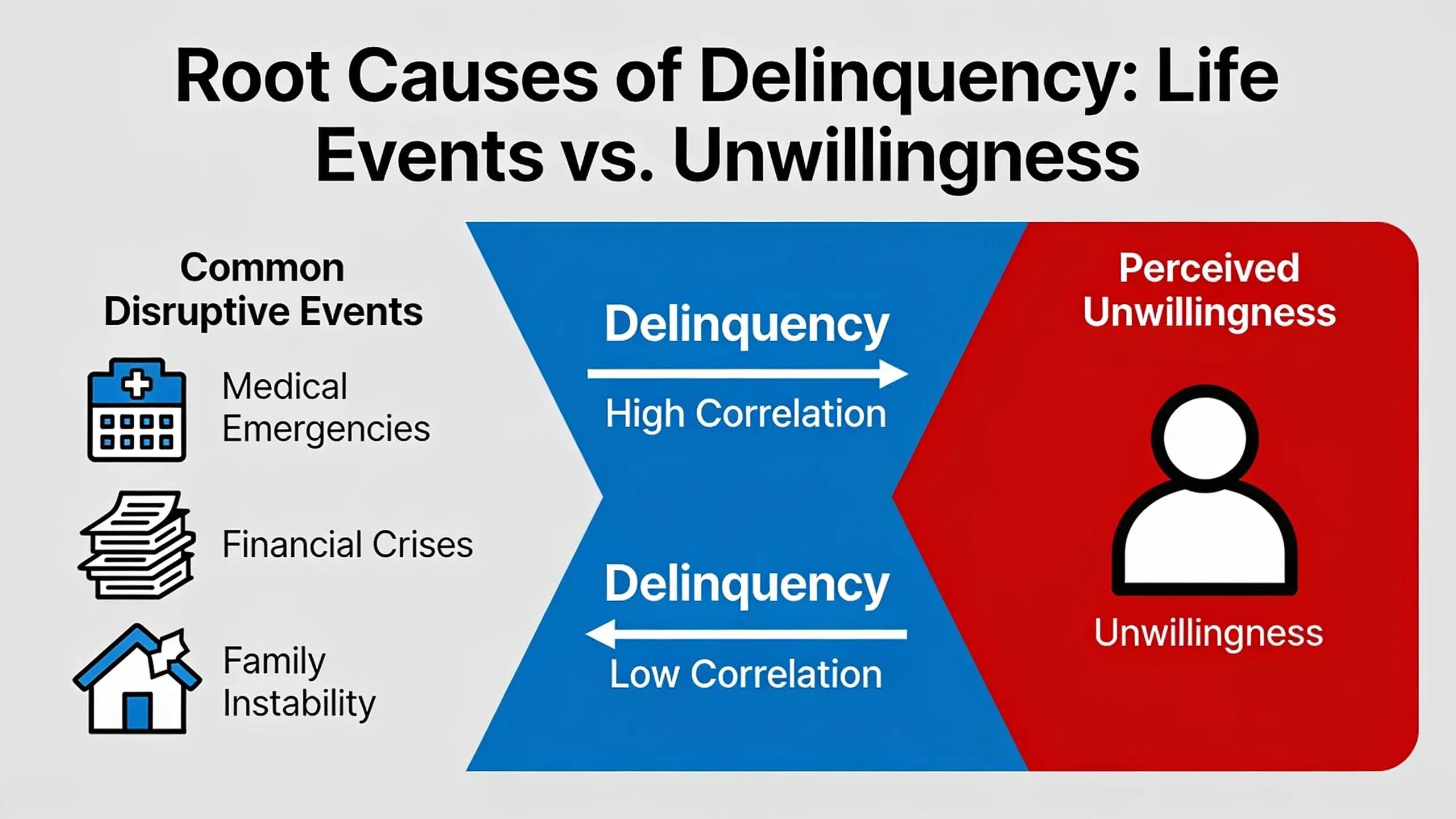 Delinquency most often results from disruptive life events like medical emergencies rather than an unwillingness