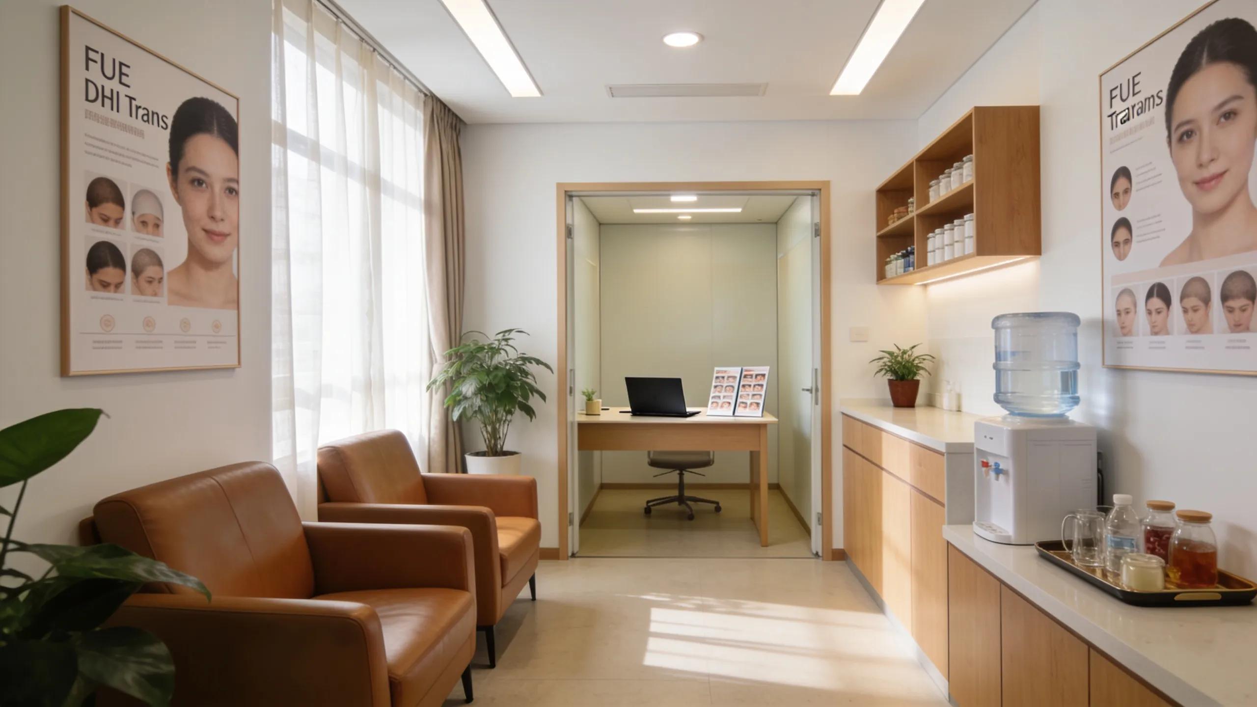 Modern hair clinic interior with consultation area and tranquil atmosphere for hair transplant patients