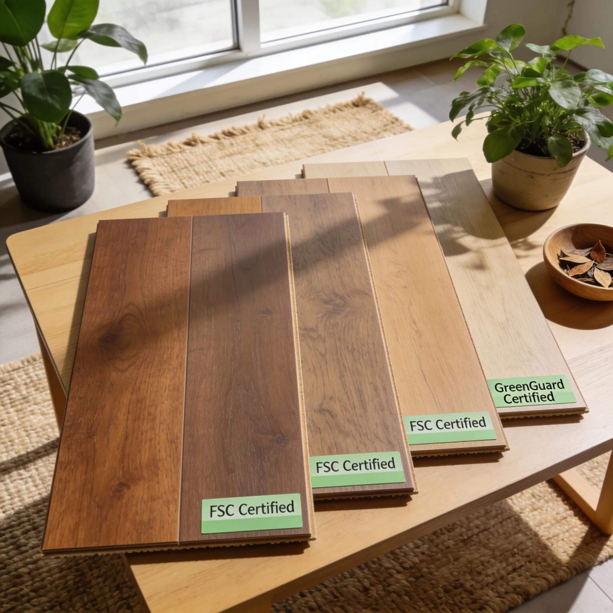 Samples of wood flooring with eco-certification references in a natural display