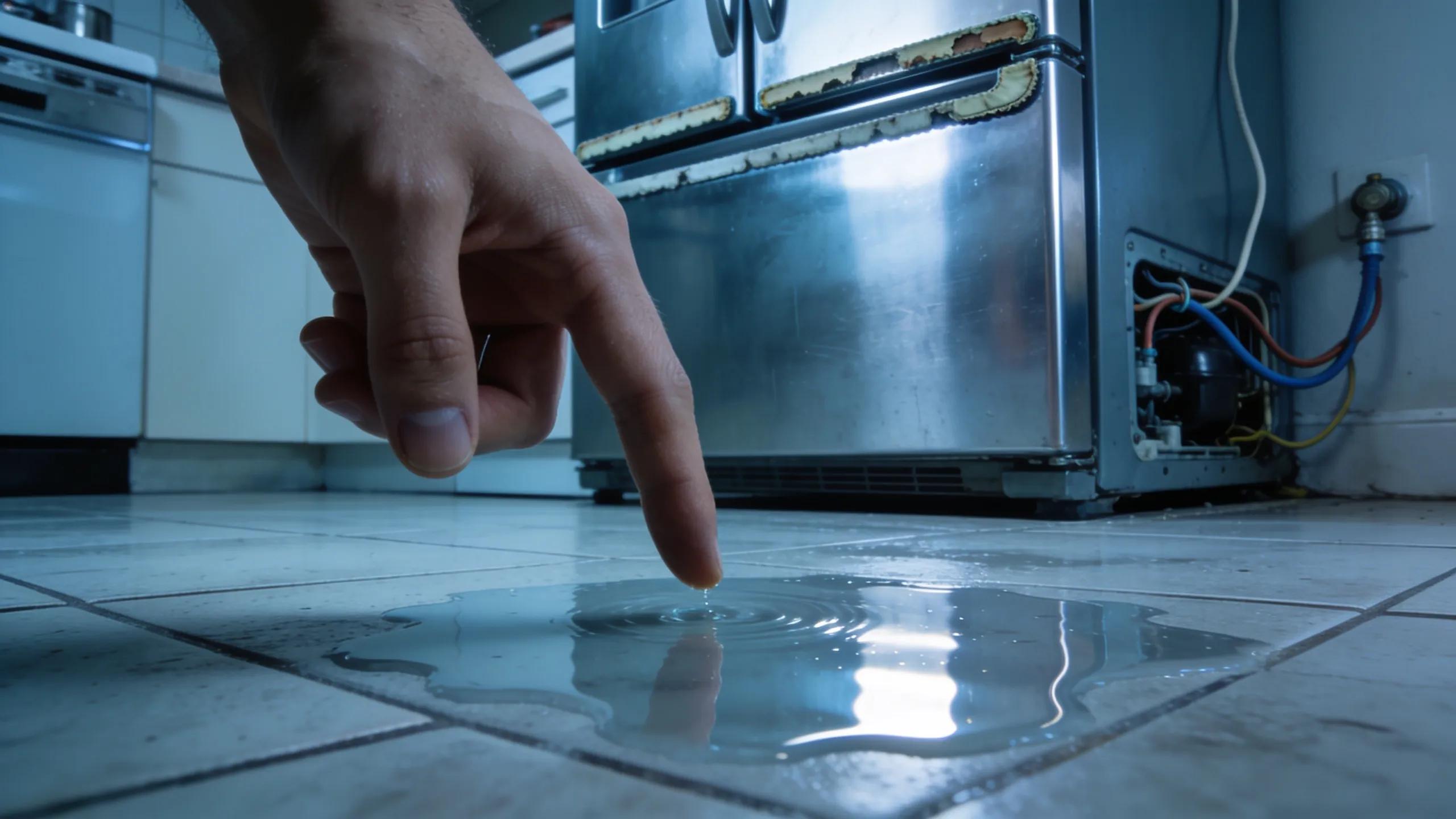 Close-up of puddle near refrigerator indicating a leak, emphasizing leak detection areas