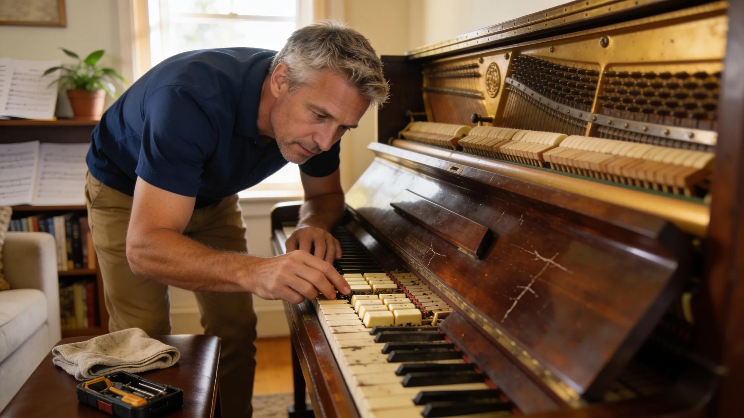 Person inspecting a second hand piano showcasing detailed features in a warm home environment