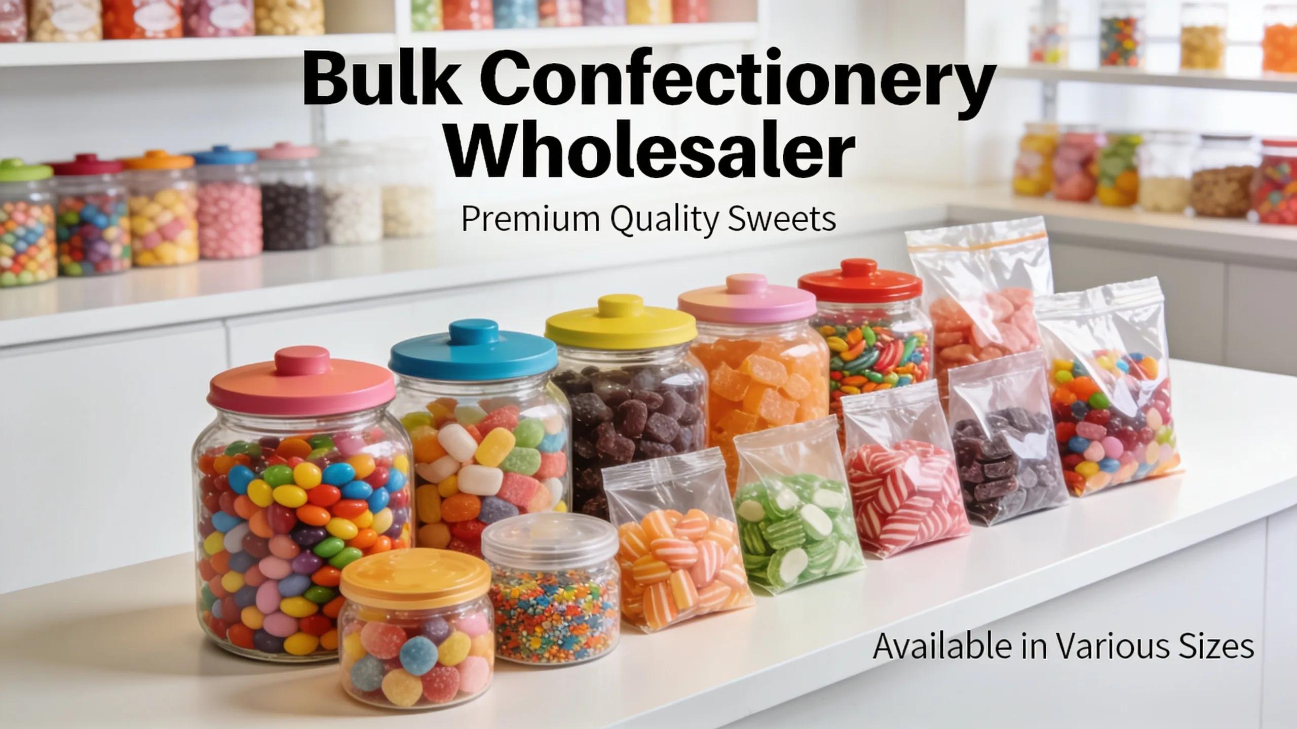 Bulk candies and confections on display in a professional setting, highlighting the offerings of a wholesale candy business