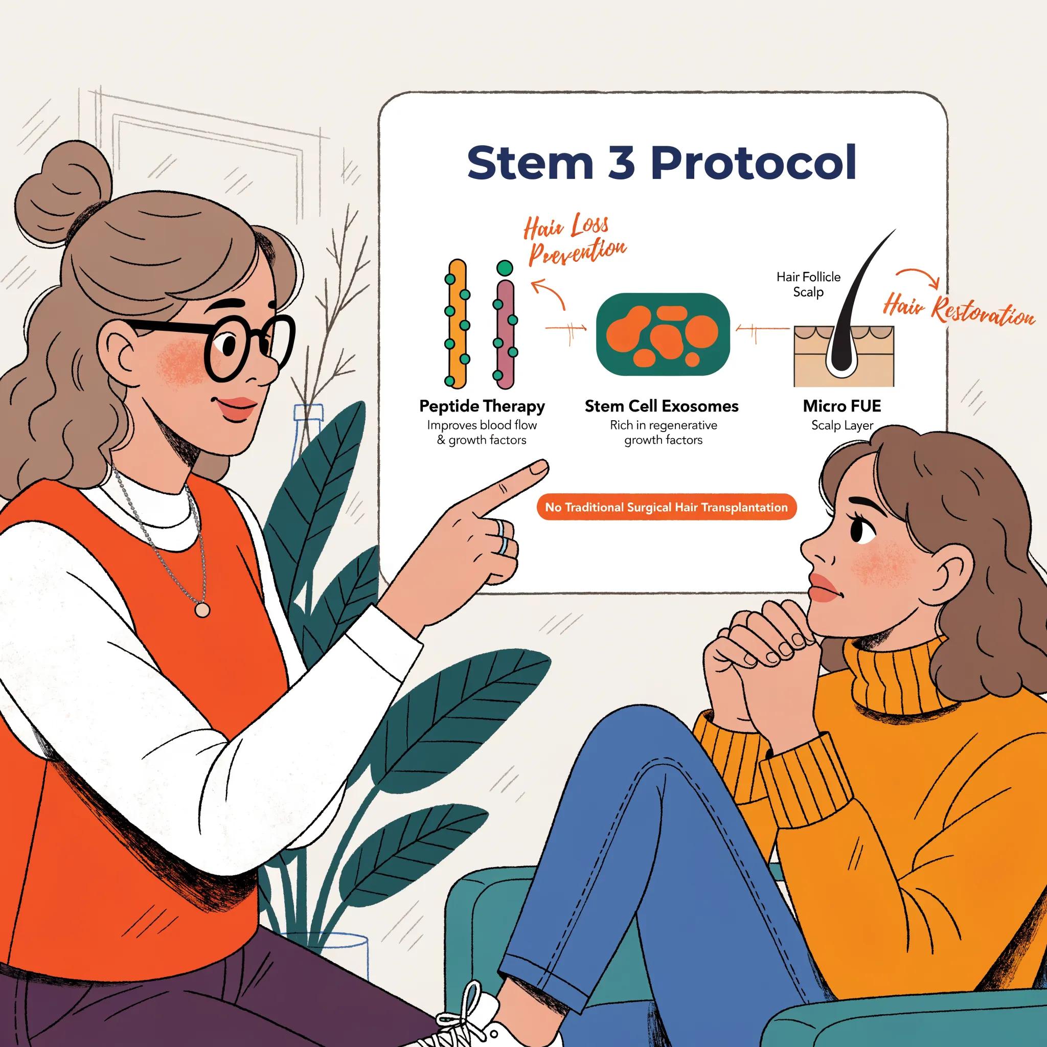 Clinician explaining Stem 3 Protocol for hair restoration using advanced techniques