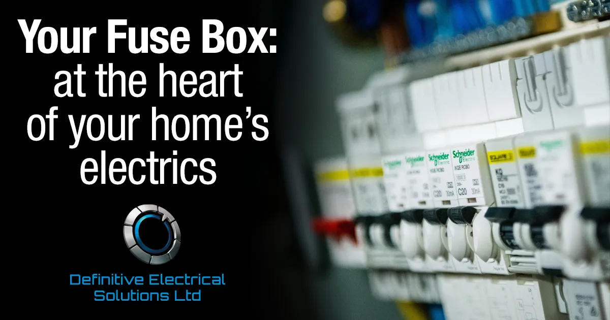 Close-up of a domestic electrical panel with circuit breakers and wiring