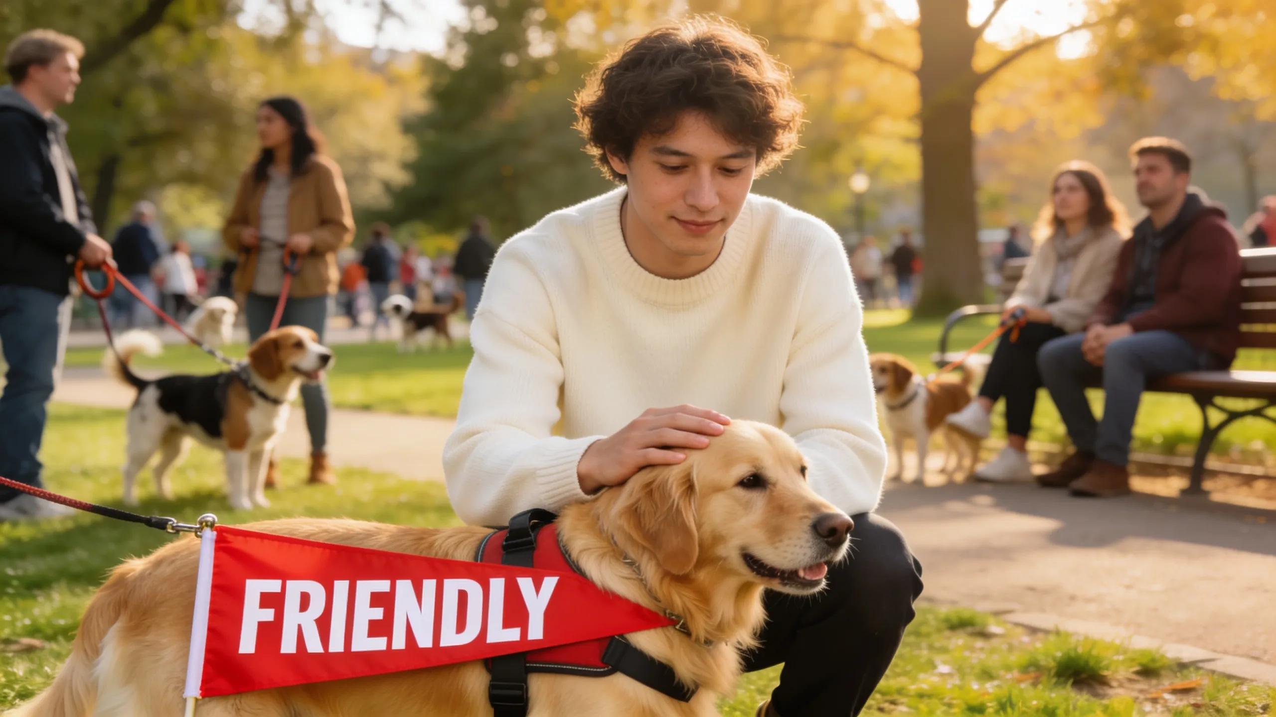 Person interacting with a dog displaying Dog Behaviour Flag in a park setting