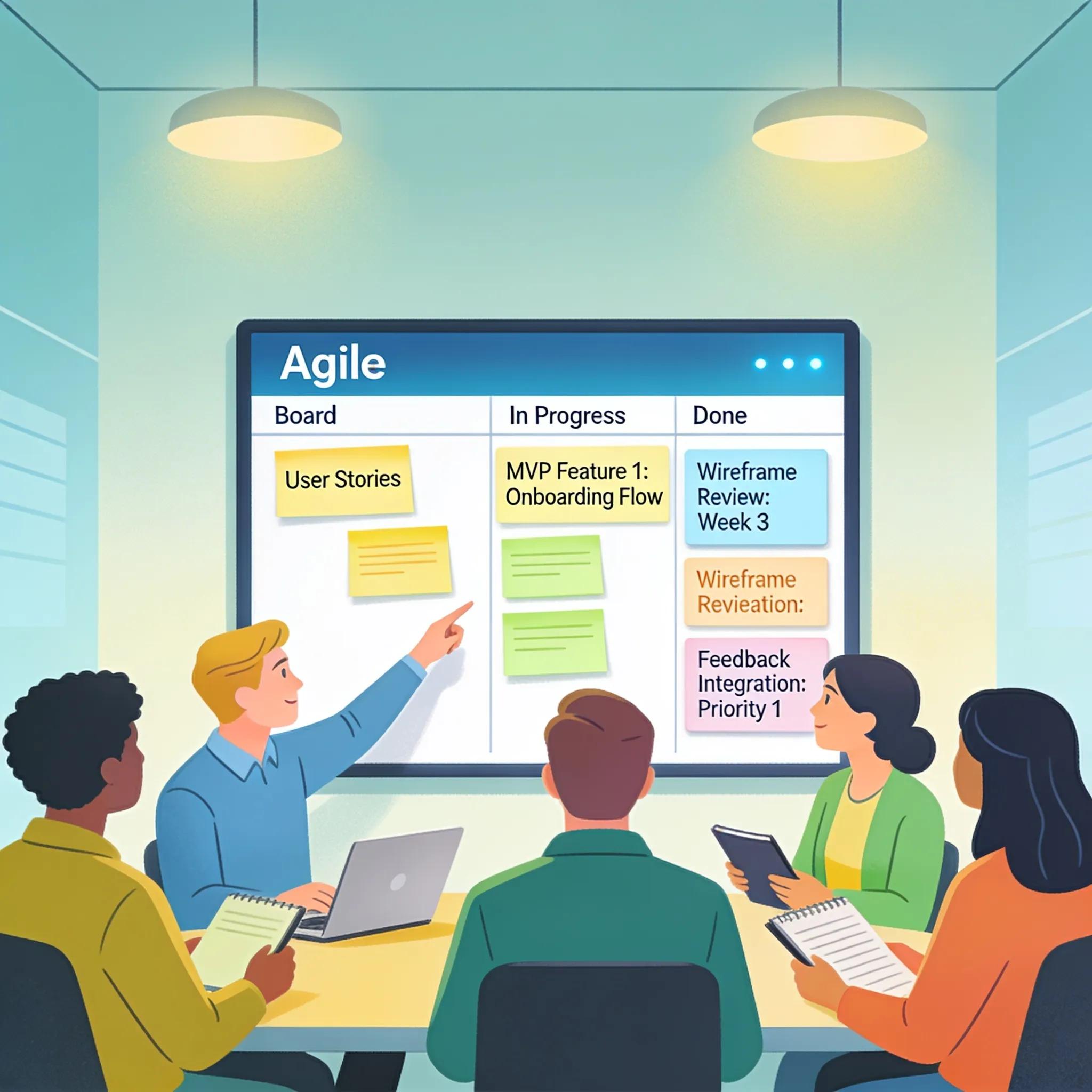 Team strategizing Lean Startup and Agile methodologies for MVP development Team strategizing Lean Startup and Agile methodologies for MVP development