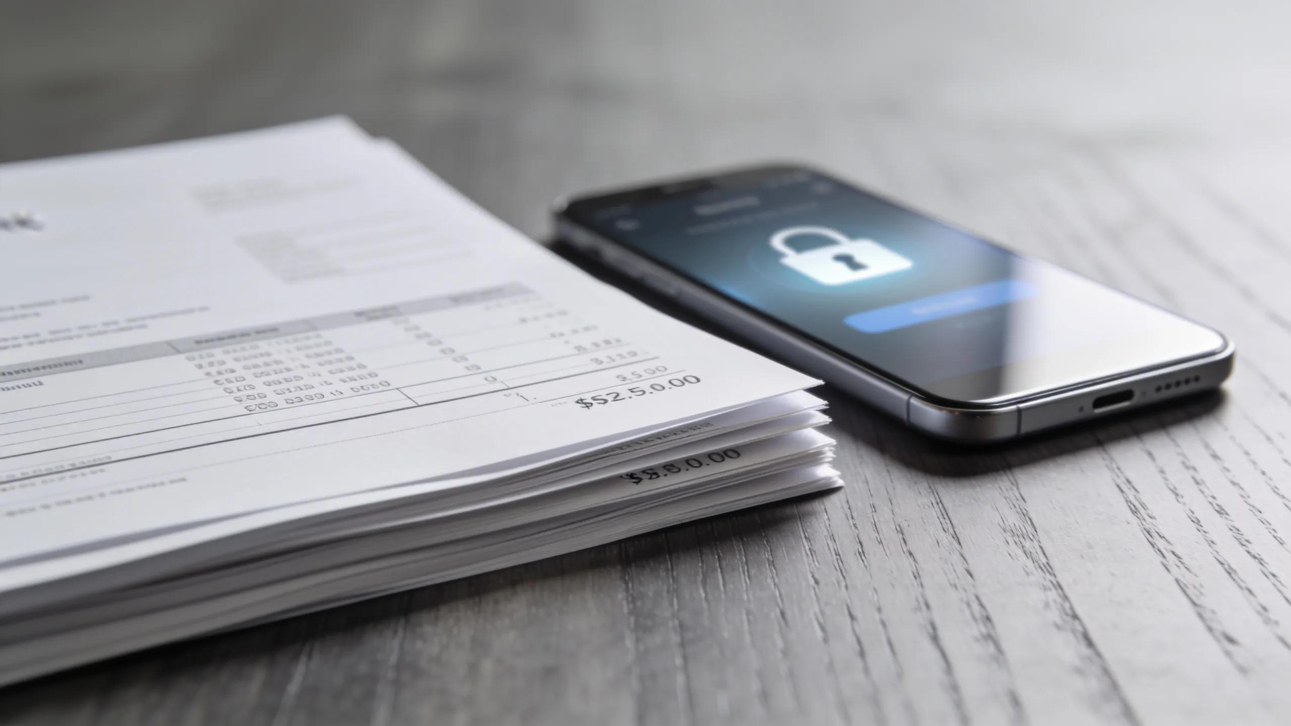Bank statements alongside a smartphone showing digital banking for income verification