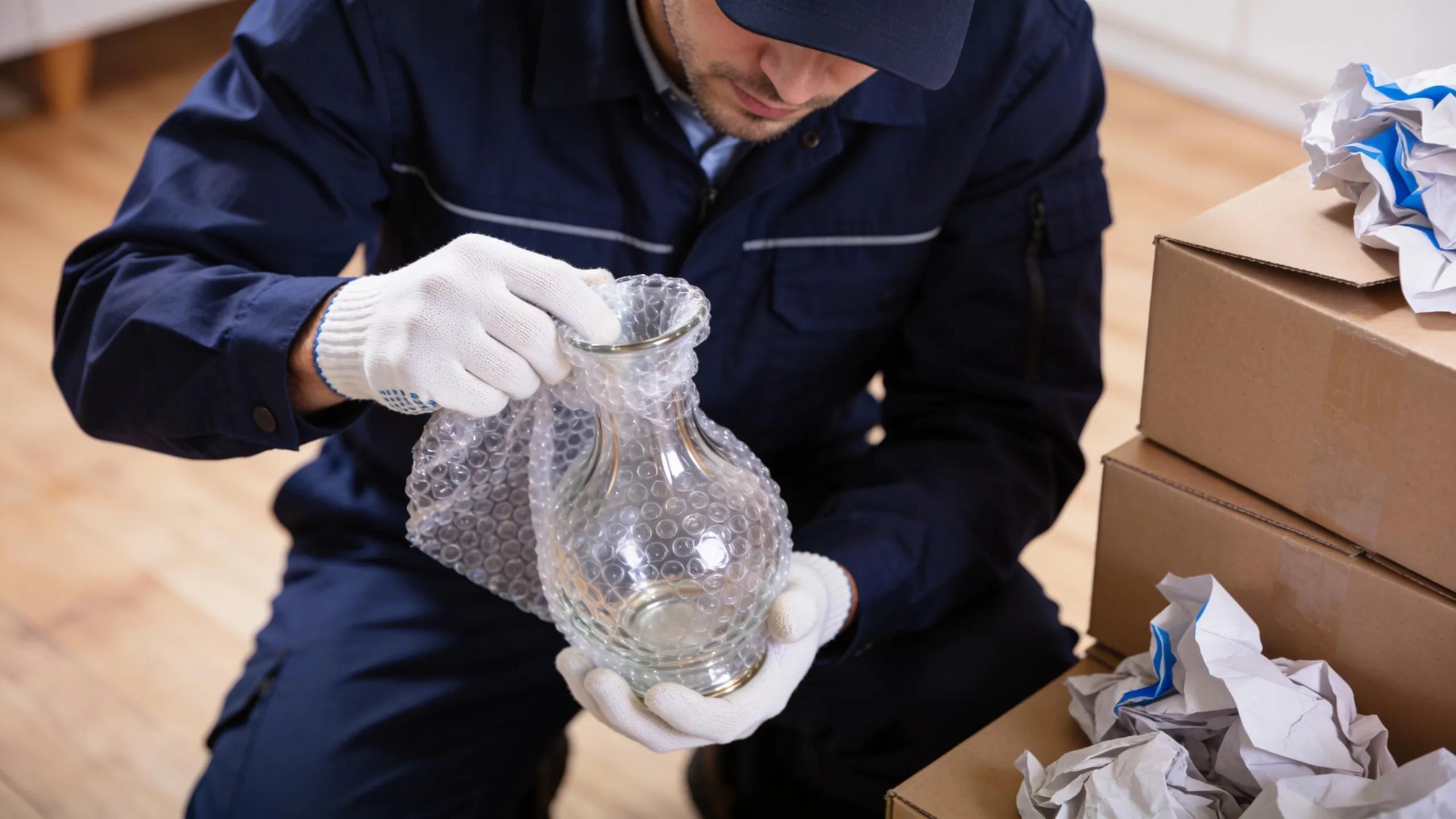 Professional mover carefully packing fragile items with protective materials for safe transport
