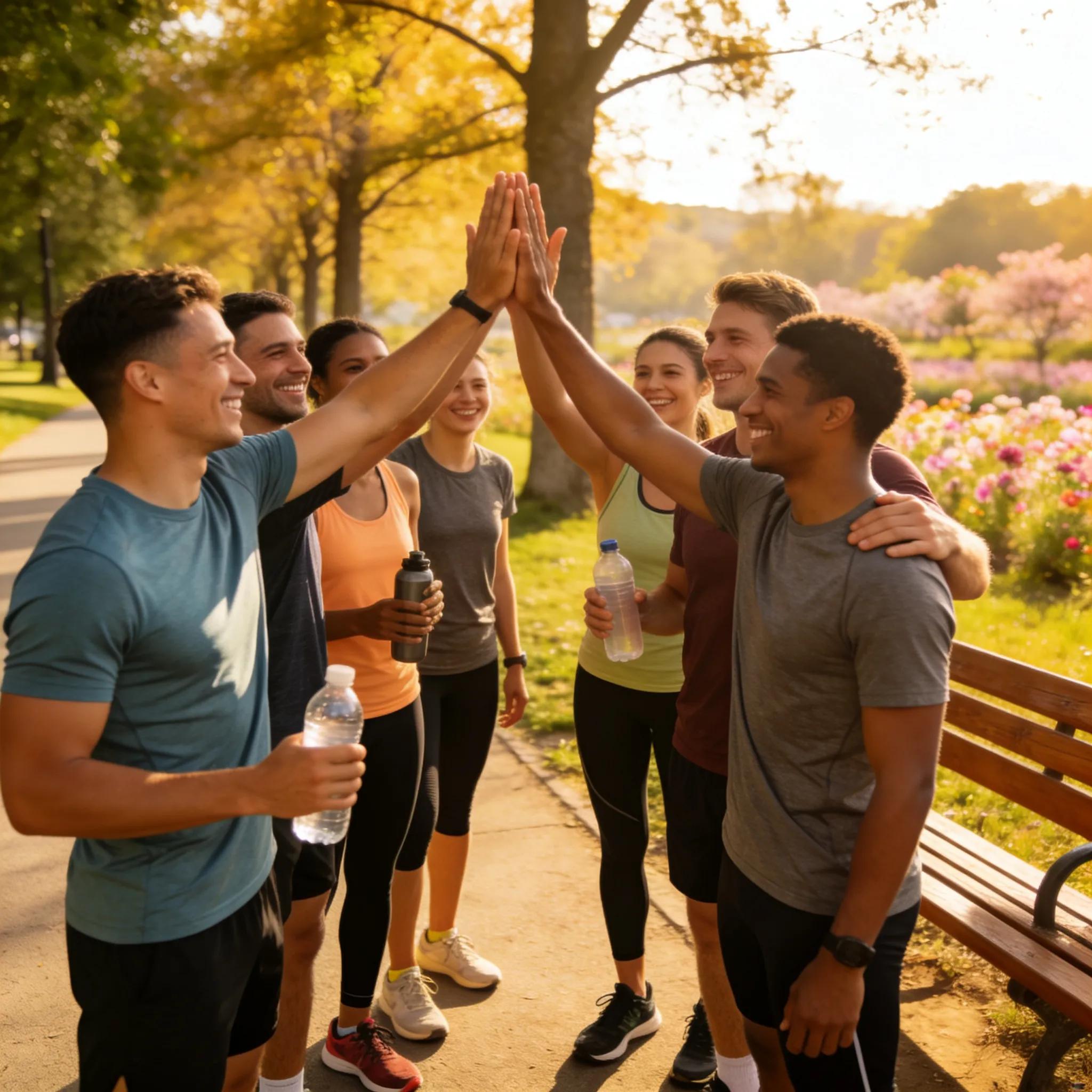 Local community members celebrating their fitness journey together after a group training workout