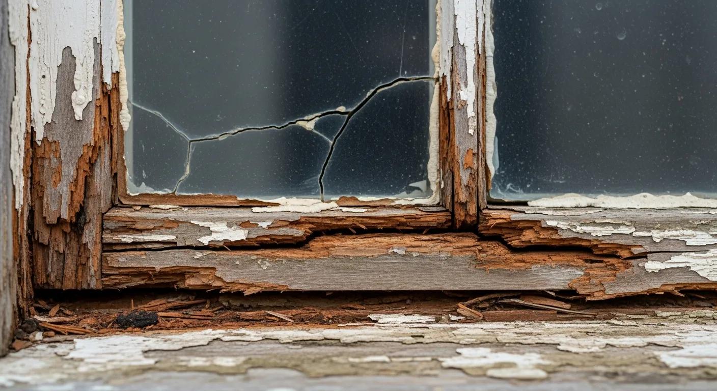 Close-up of a damaged window frame with rot and cracks indicating replacement needs