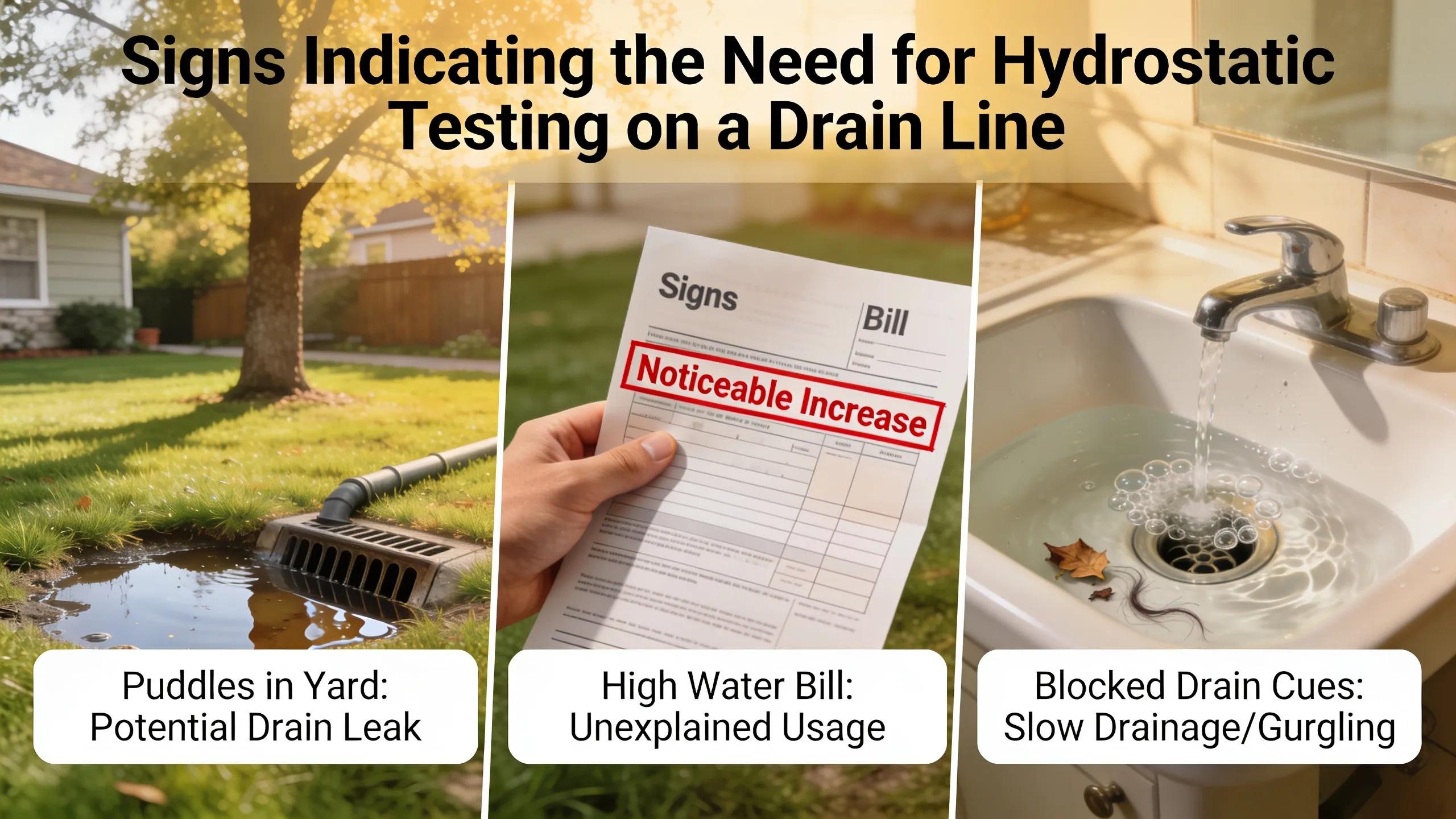 Visual indicators of plumbing issues prompting a hydrostatic drain line test, including yard puddles and increased water bills Visual indicators of plumbing issues prompting a hydrostatic drain line test, including yard puddles and increased water bills