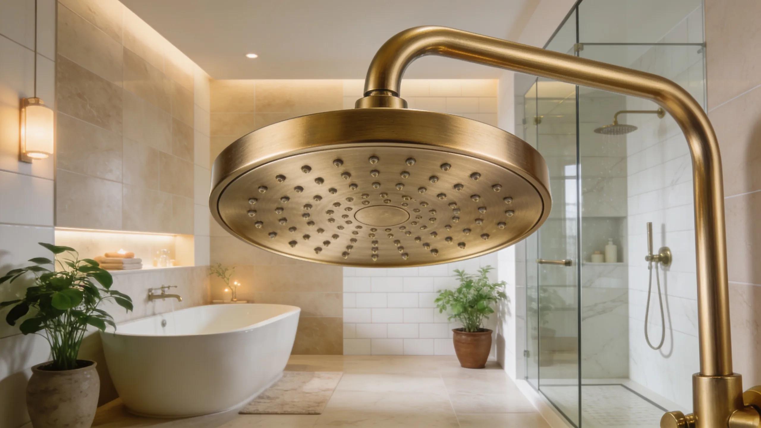 Brushed brass shower head in a luxurious Australian bathroom setting