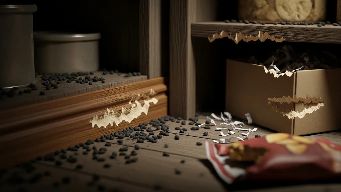 Visible signs of rat entry including droppings and gnaw marks in a home