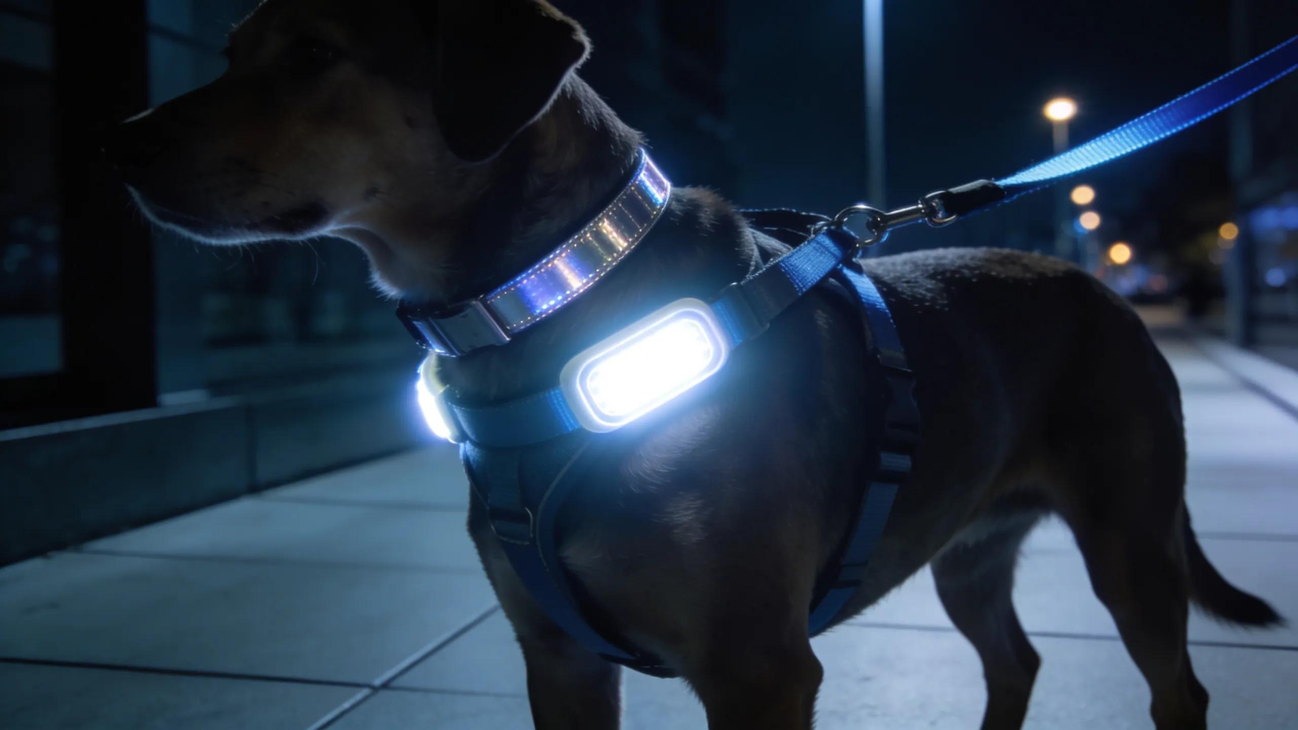 Innovative reflective collar and leash with LED lights on a dog
