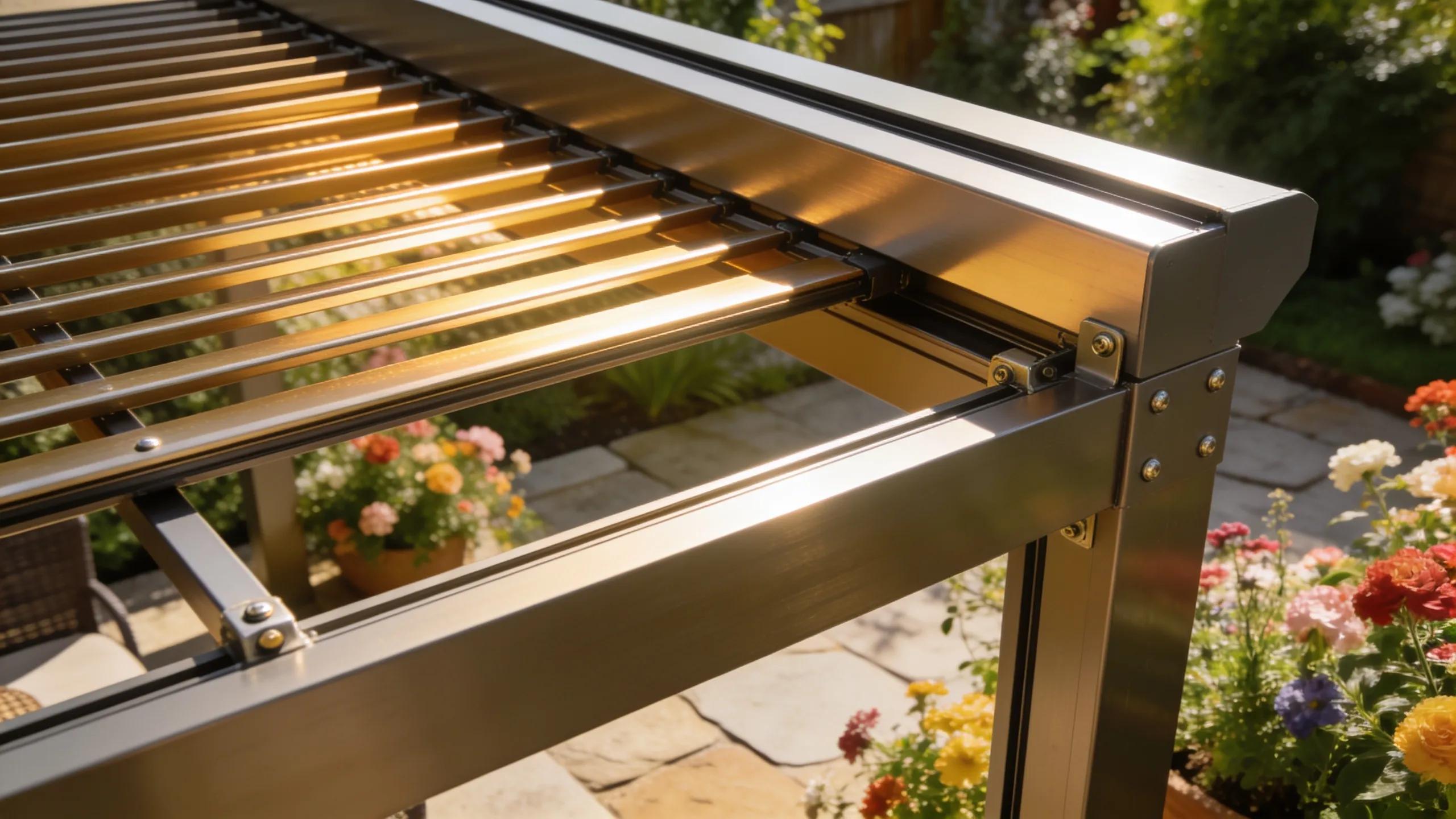 Close-up of louvered roof on an aluminium pergola illustrating adjustable sun control