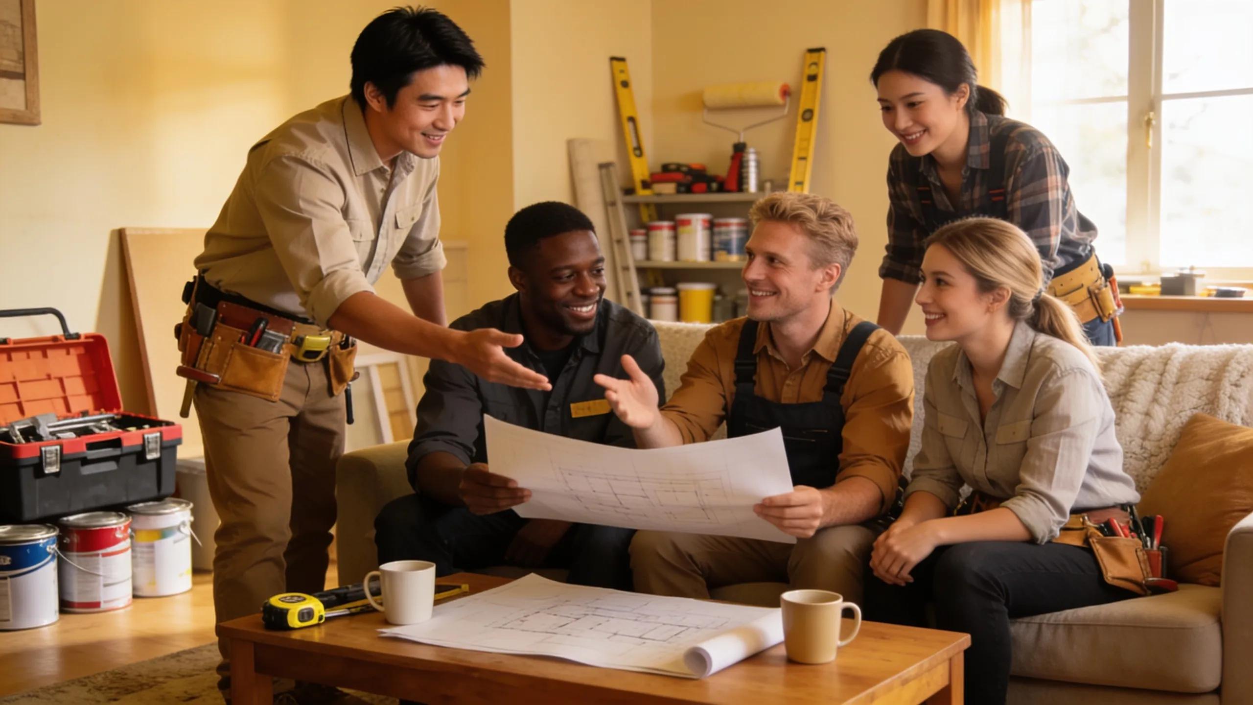 Diverse home repair professionals collaborating in a cozy living room, showcasing teamwork in home repair services