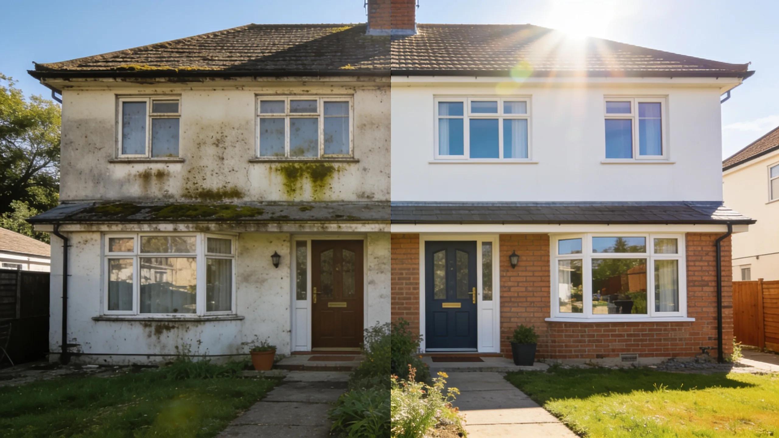 Before and after comparison of a home's exterior demonstrating the effectiveness of soft washing techniques