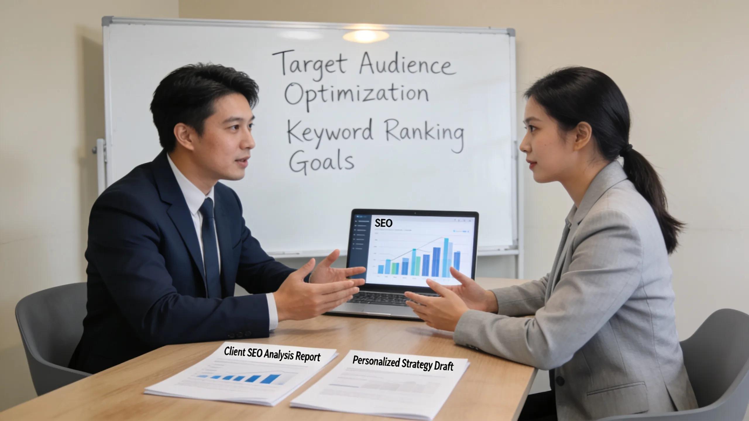 Client and consultant discussing personalized SEO strategies in a professional setting