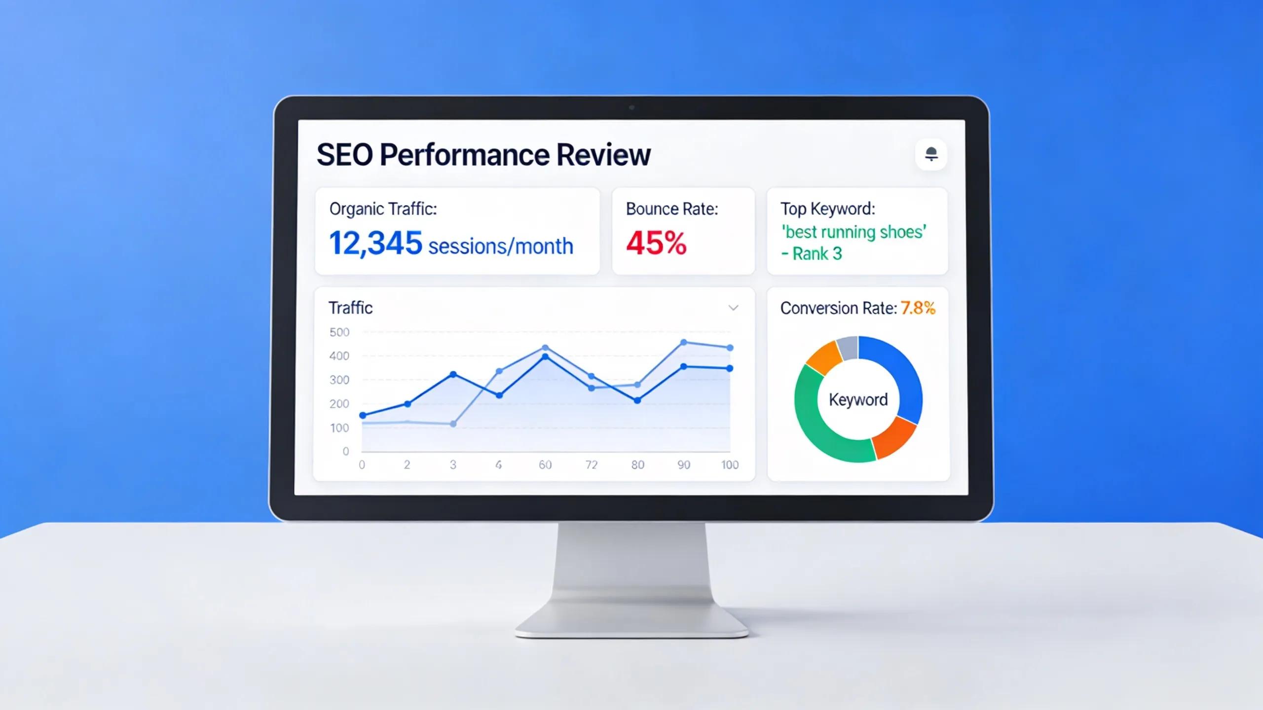 SEO analytics review with metrics displayed on a screen, highlighting site performance