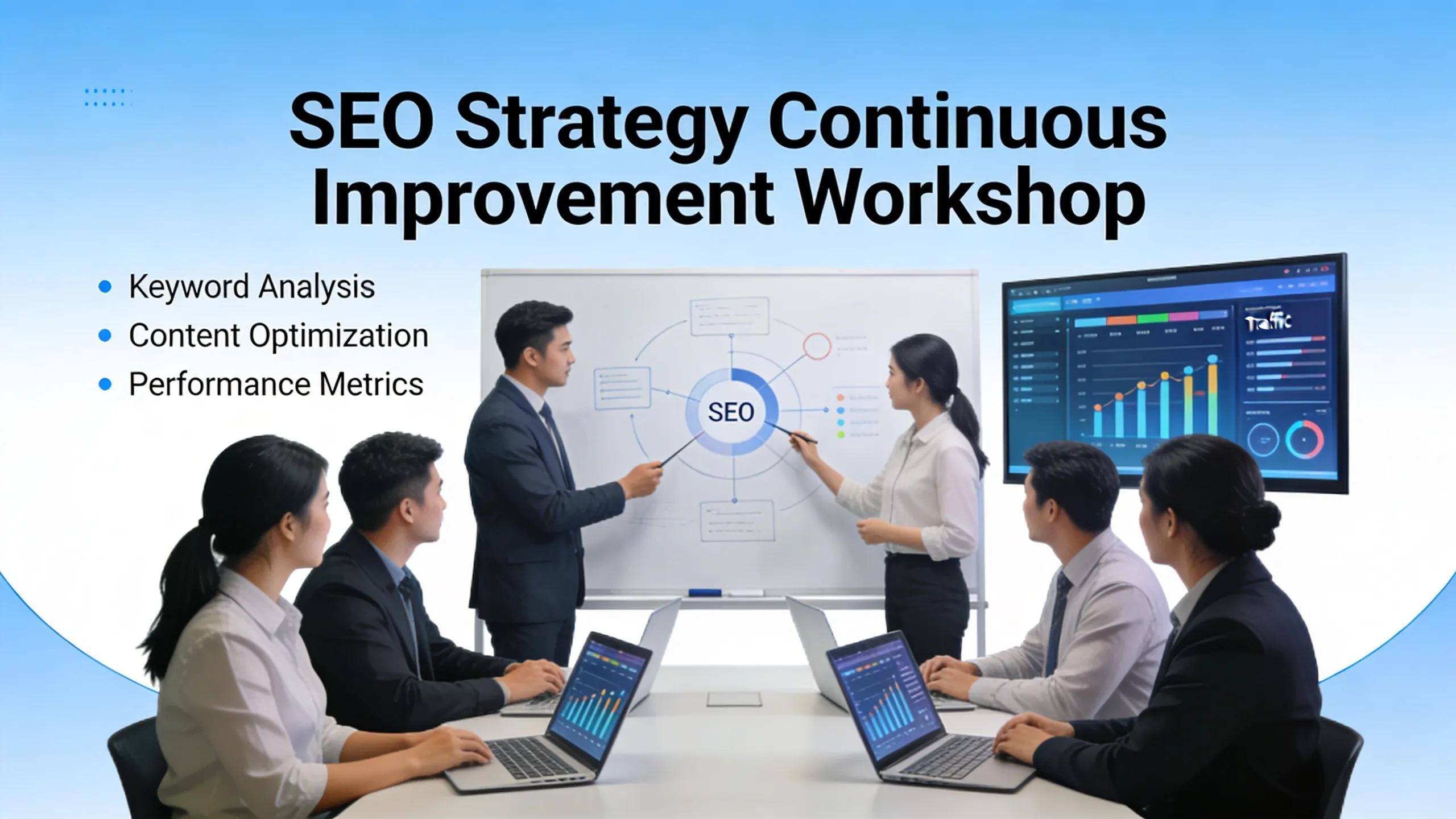 Business team collaborating on continuous improvement in SEO strategies Business team collaborating on continuous improvement in SEO strategies
