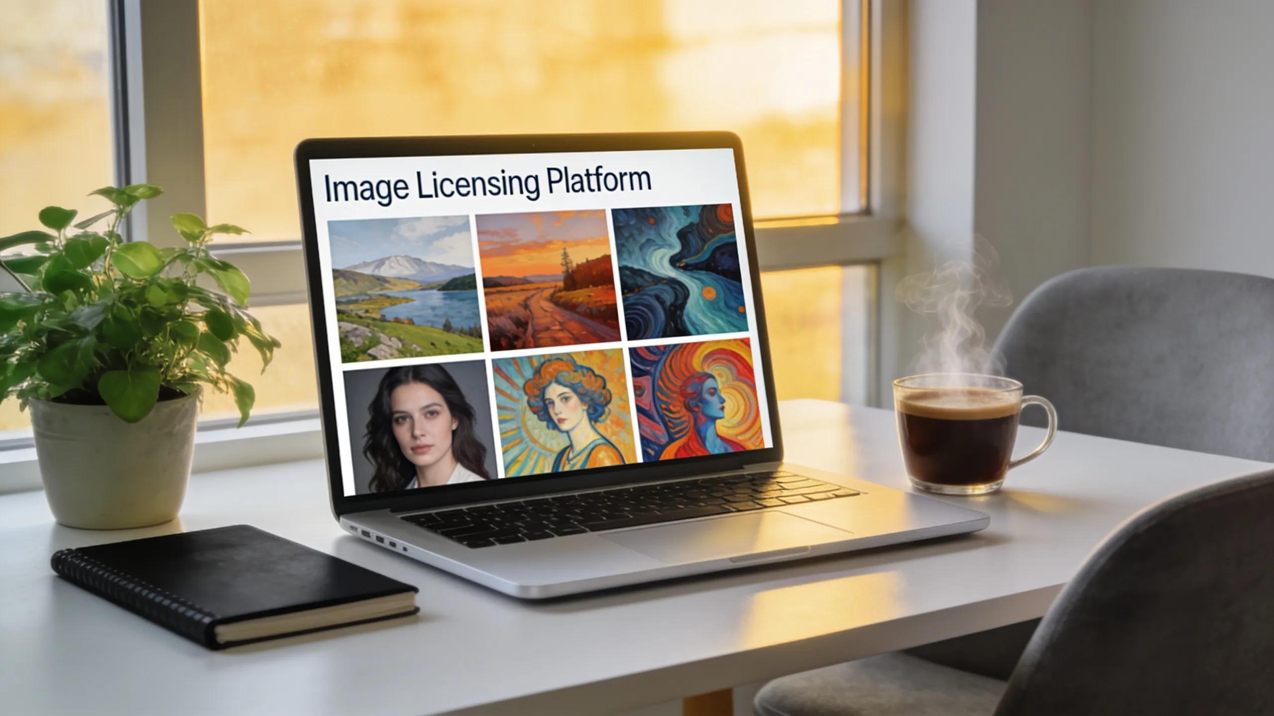 High-resolution celebrity images displayed on a laptop screen for professional image licensing