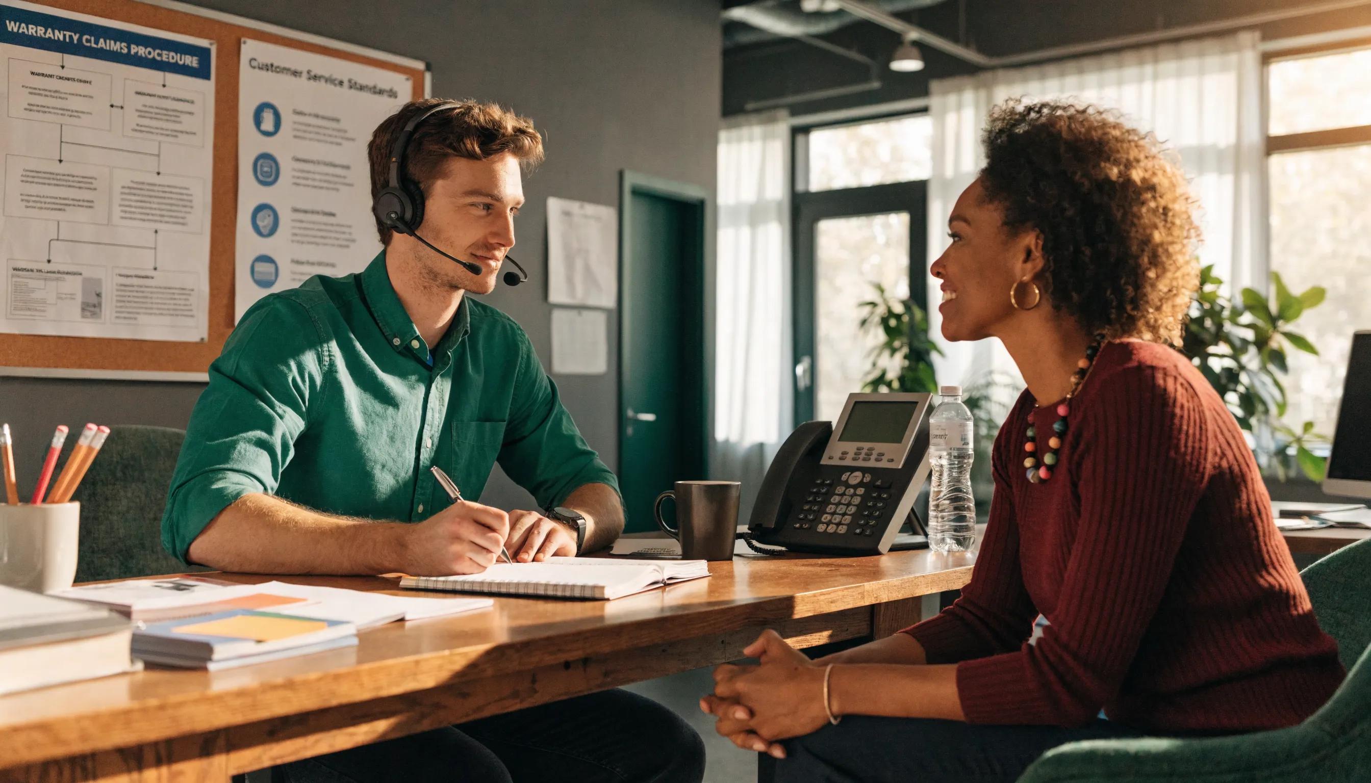 Customer service representative assisting a client with warranty claims, highlighting support processes