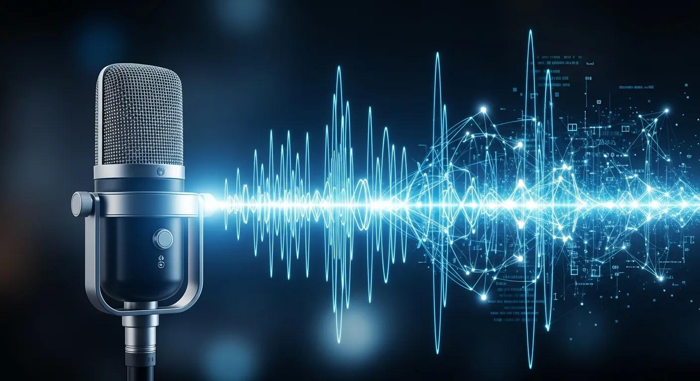 Microphone and sound waves illustrating AI voice synthesis Microphone and sound waves illustrating AI voice synthesis