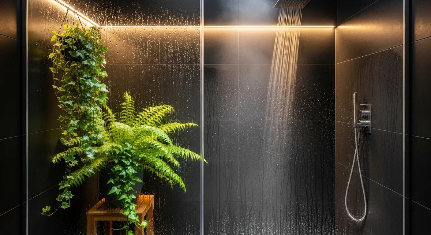 Modern shower with water droplets and greenery illustrating humidity challenges